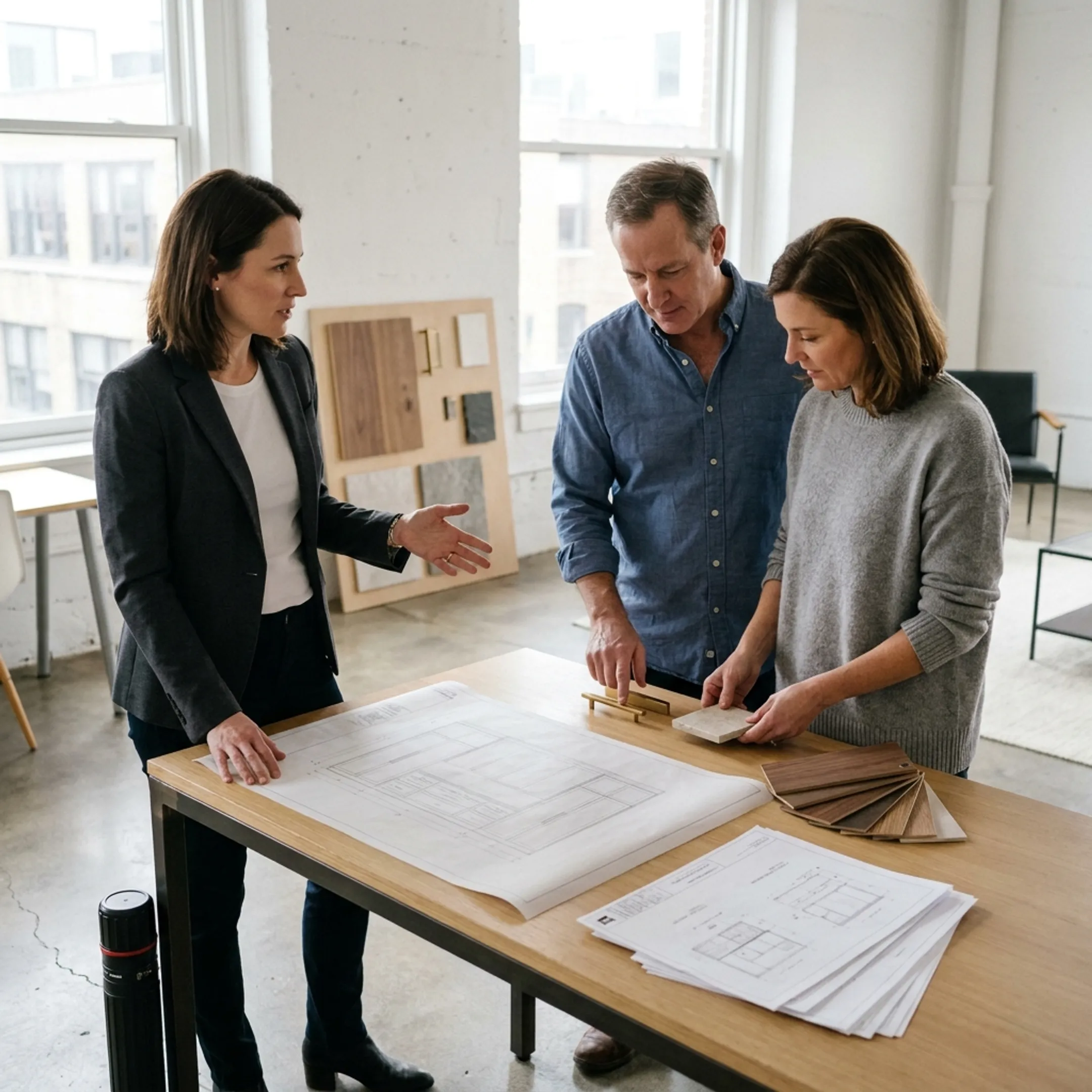 Architect reviewing custom furniture and cabinetry options with a homeowner
