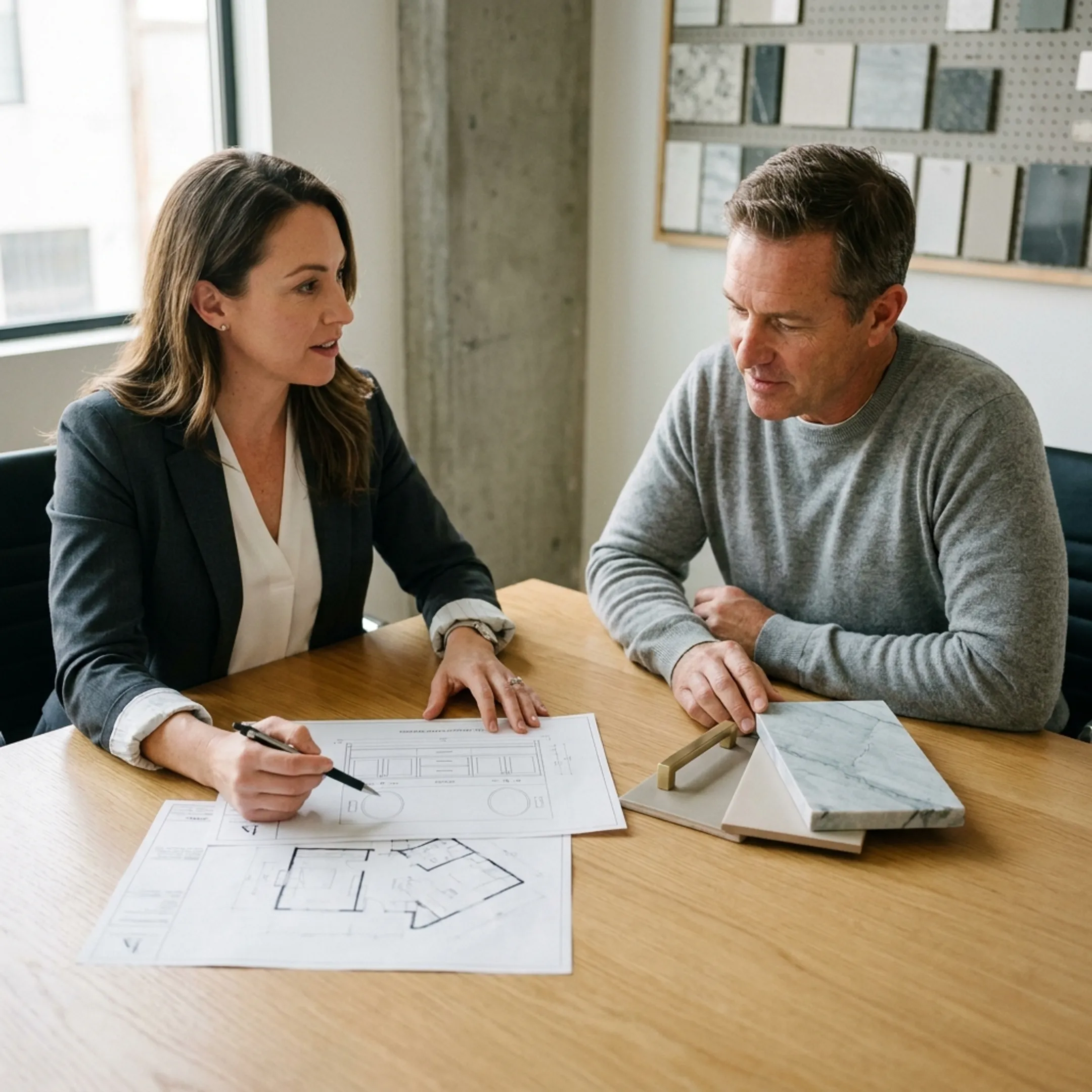 Designer reviewing a luxury bathroom concept with a homeowner