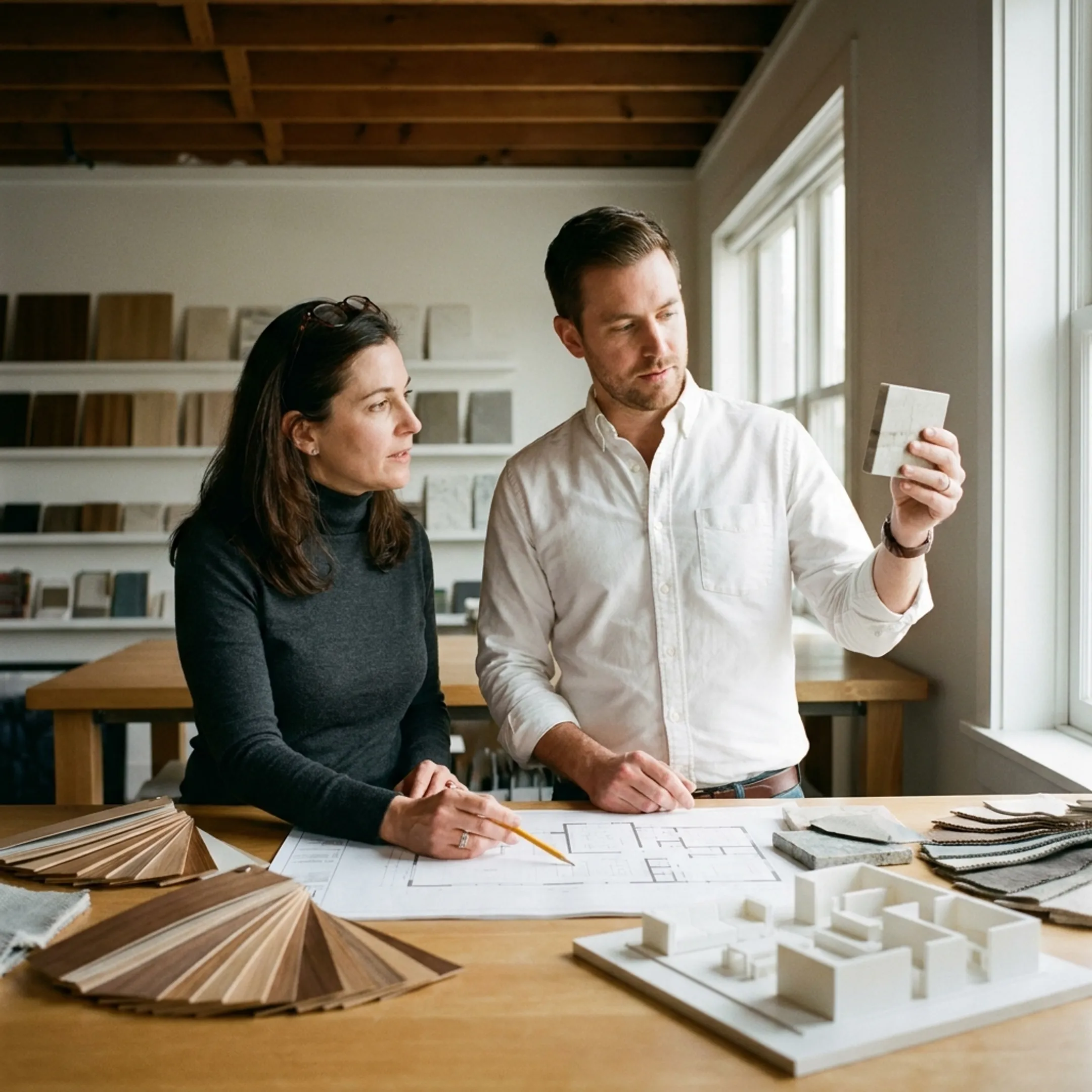 Interior architect and designer reviewing residential plans and material samples