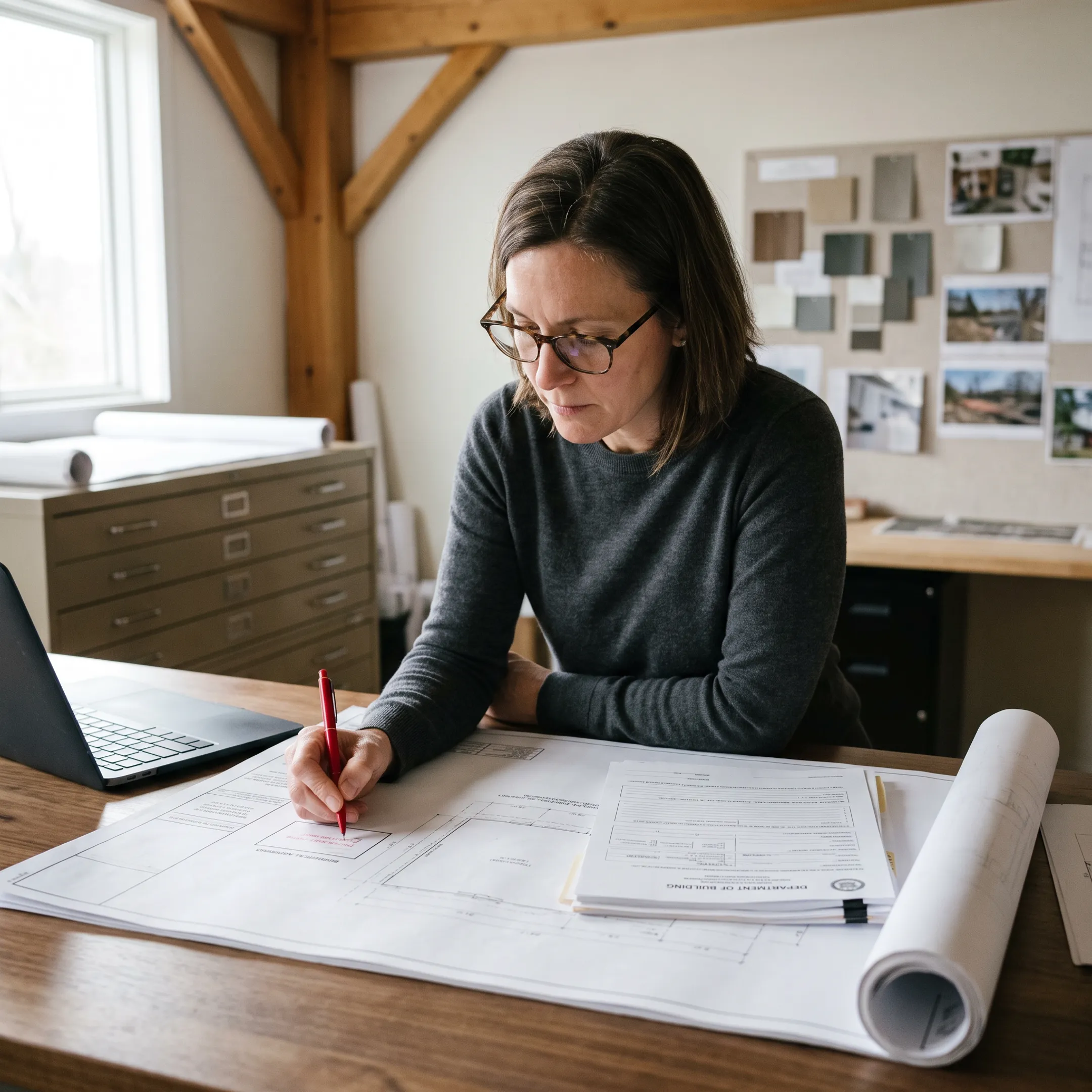 Architect reviewing residential building permit documents at a desk