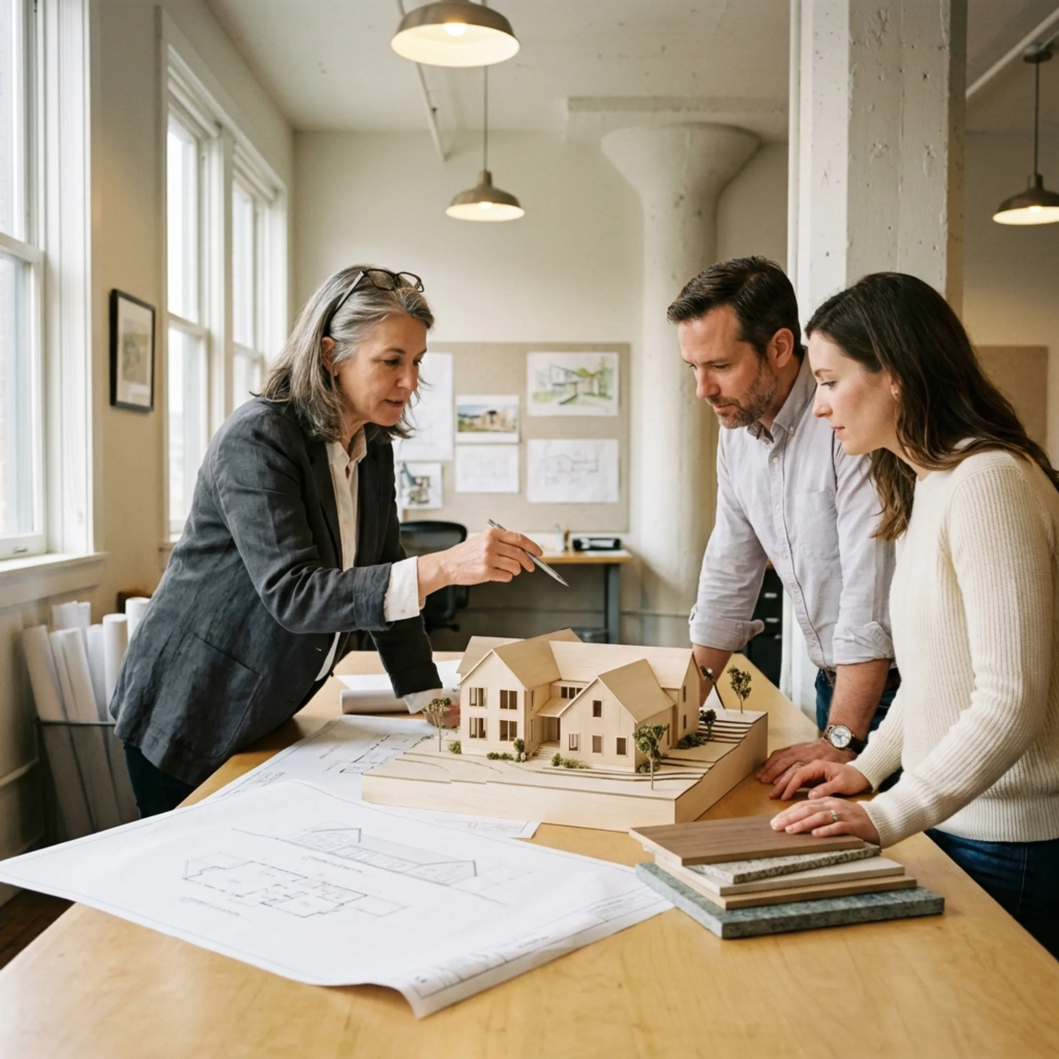 Architect reviewing a custom home design with homeowners