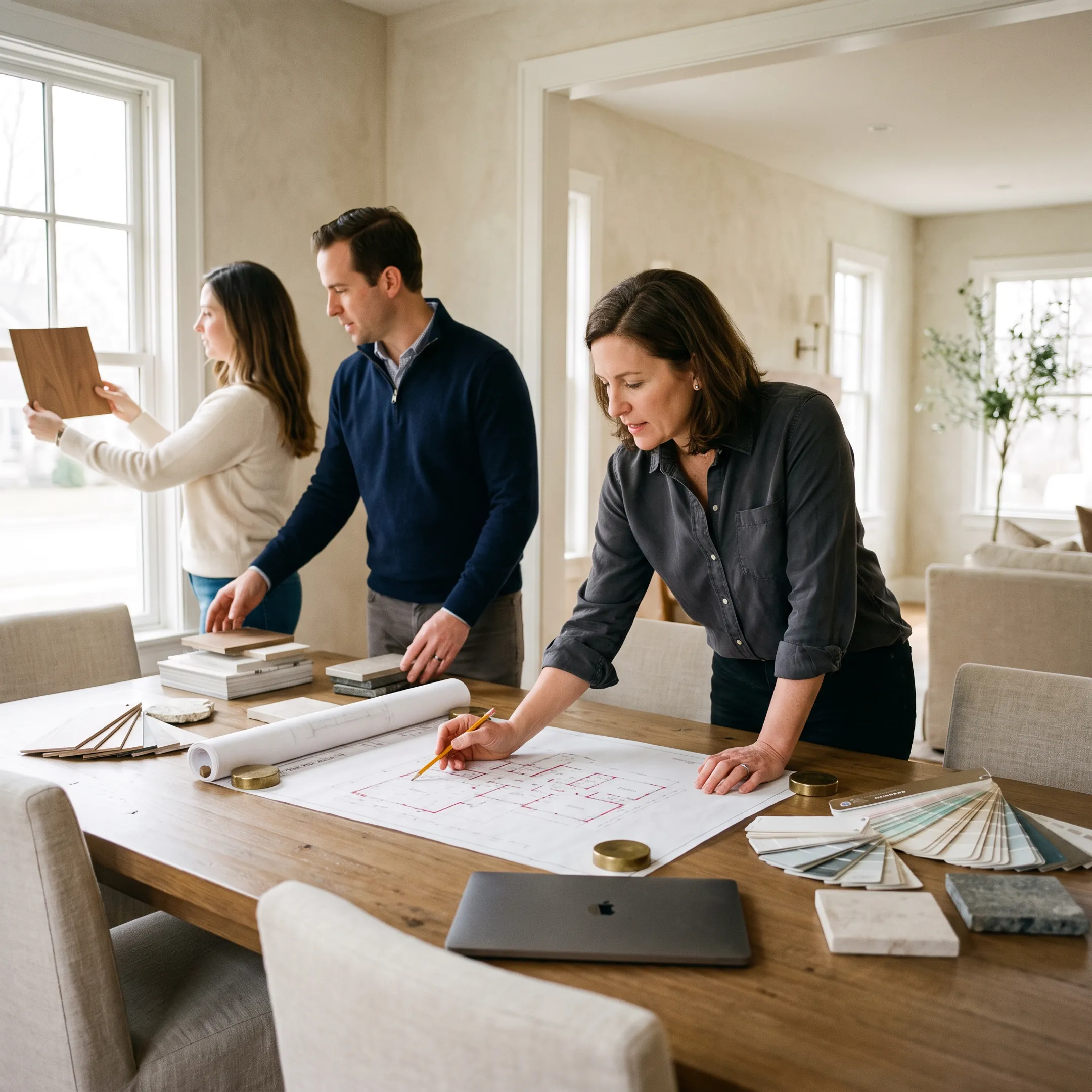 Architect reviewing residential renovation plans with homeowners