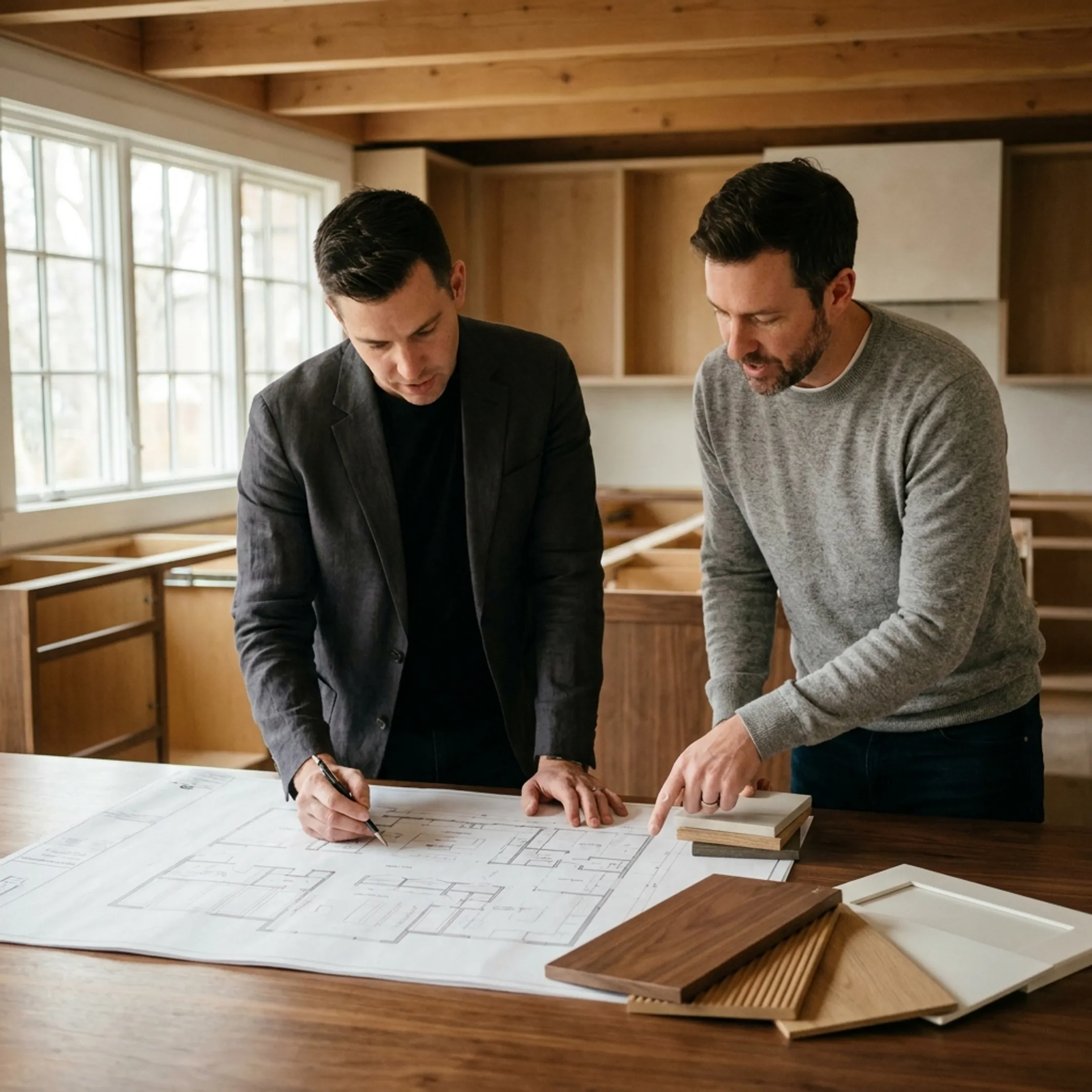 Architect reviewing a custom kitchen design with cabinetry details
