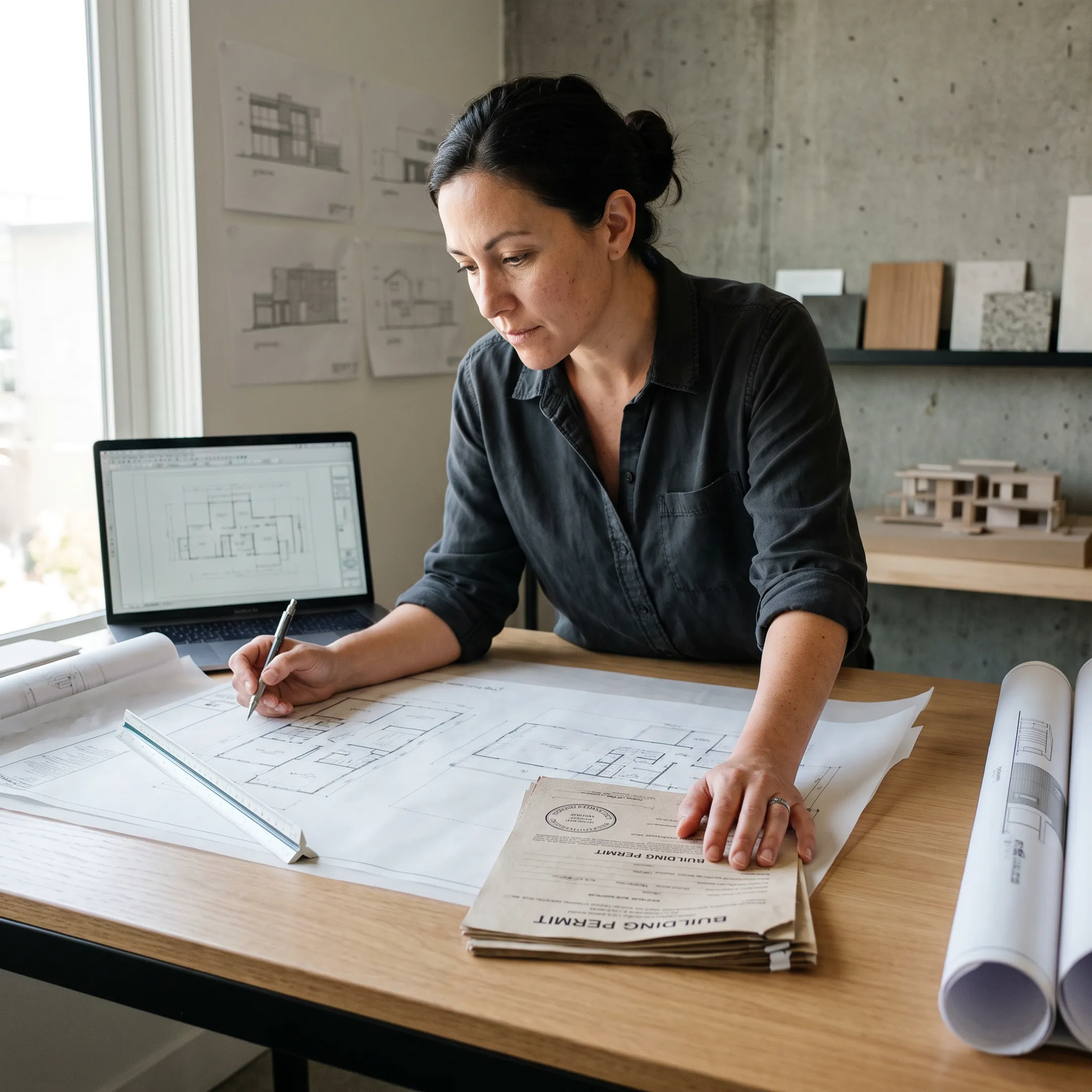 Architect reviewing California construction permit plans