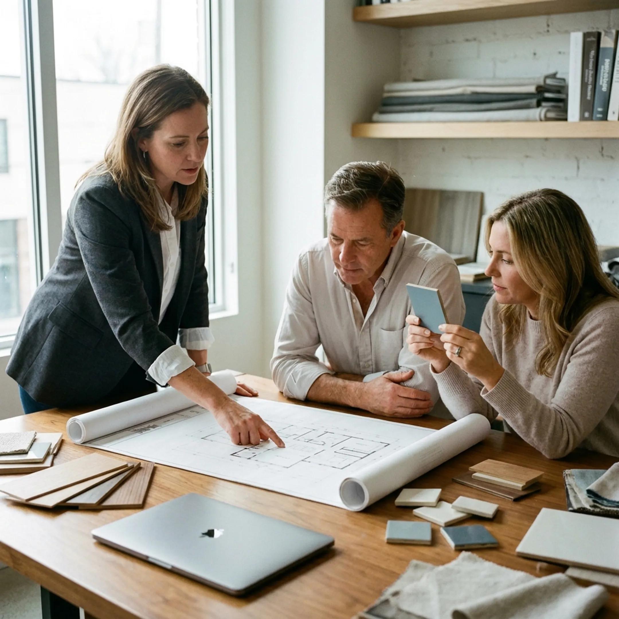 Architect reviewing custom home improvement plans with homeowners