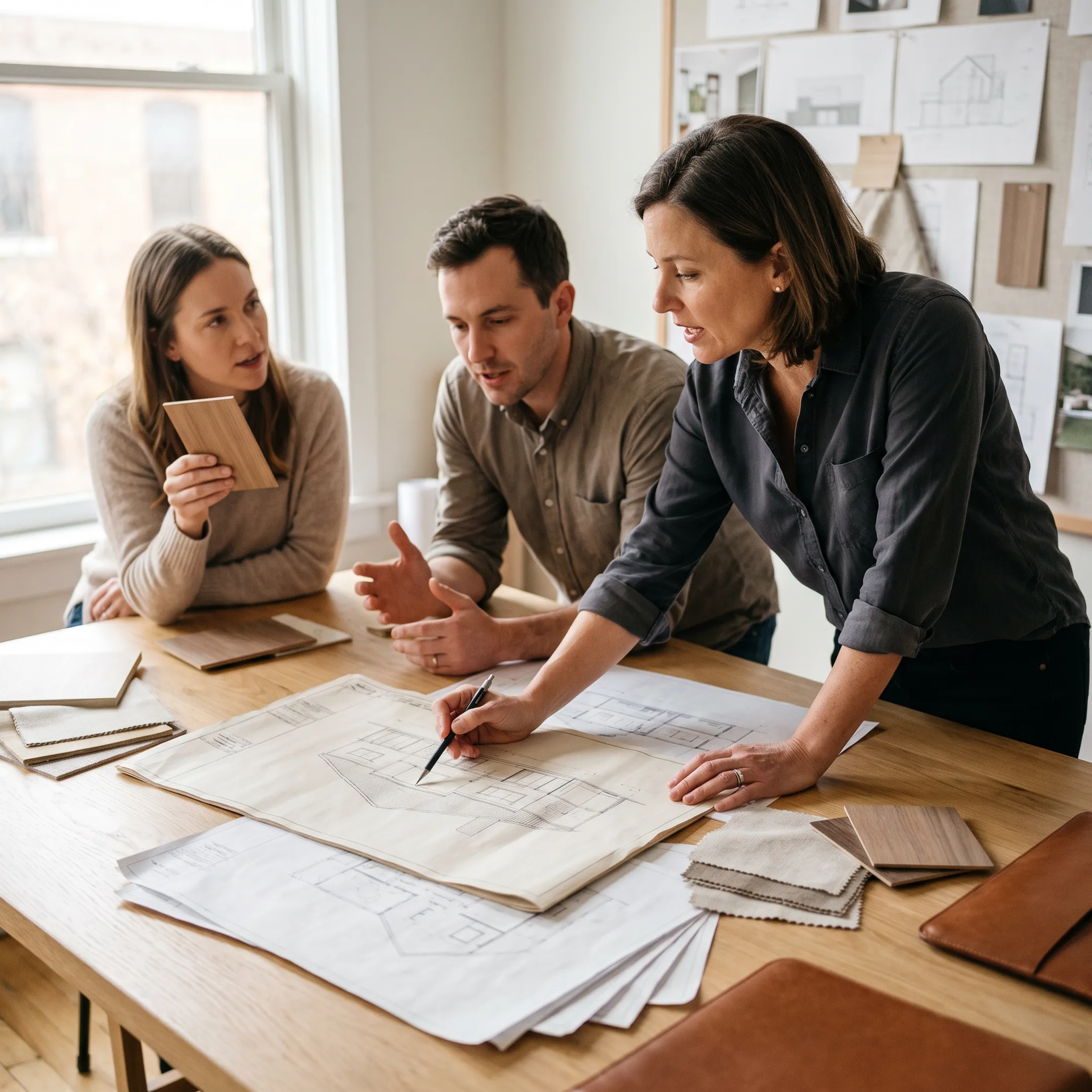 Architect reviewing plans for a home addition with homeowners