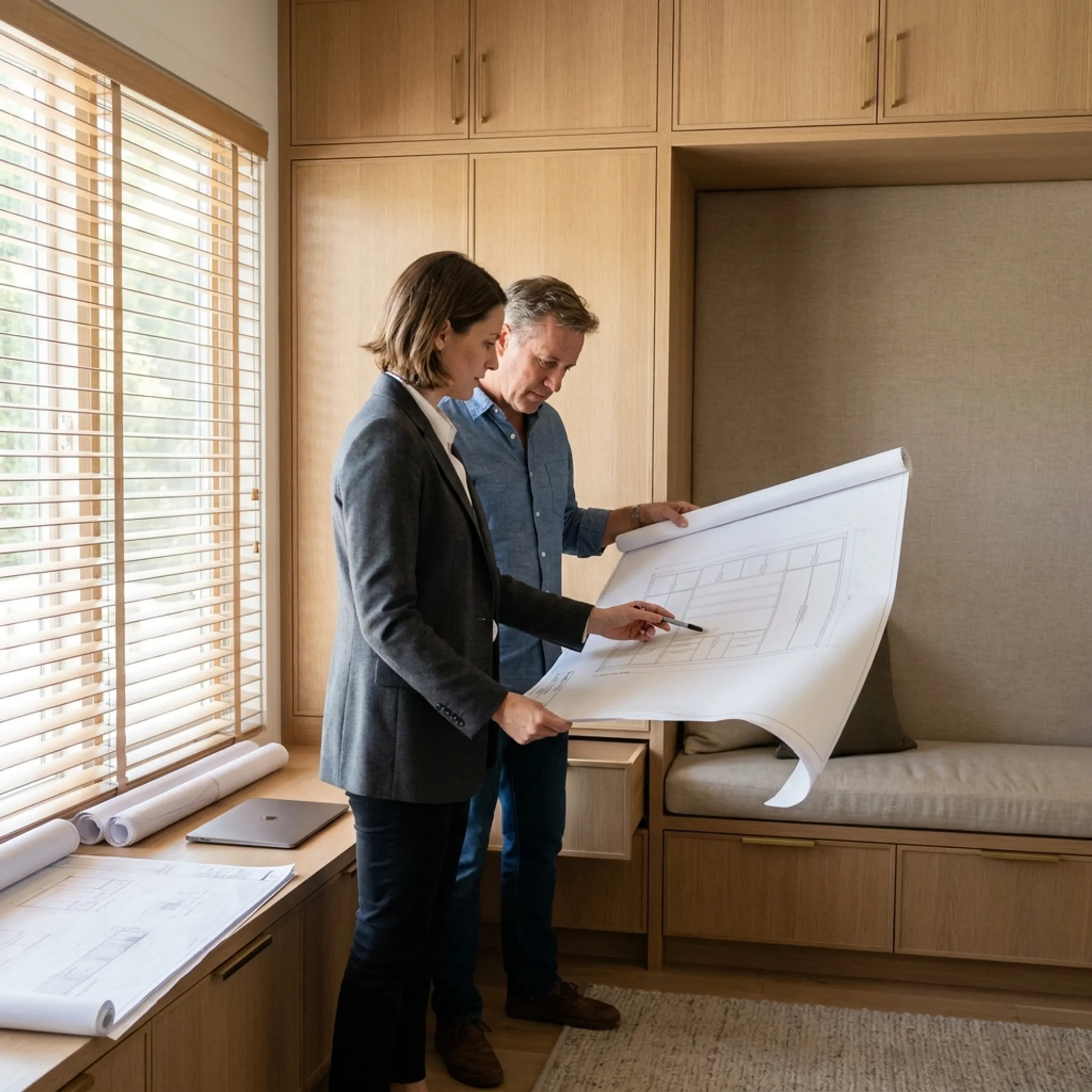 Designer reviewing custom cabinetry plans in a California residence