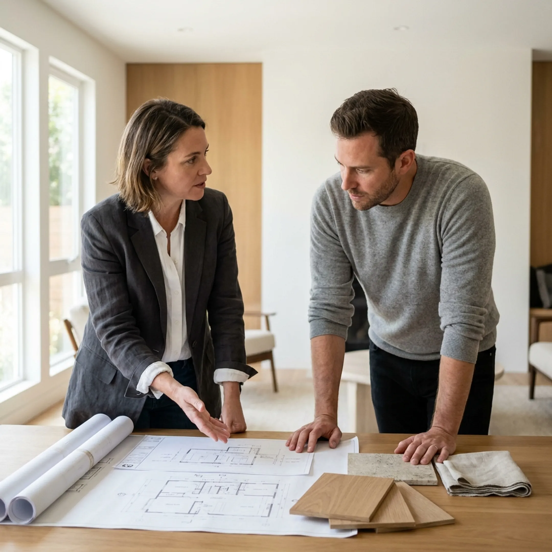 Architect reviewing interior remodel plans with homeowner