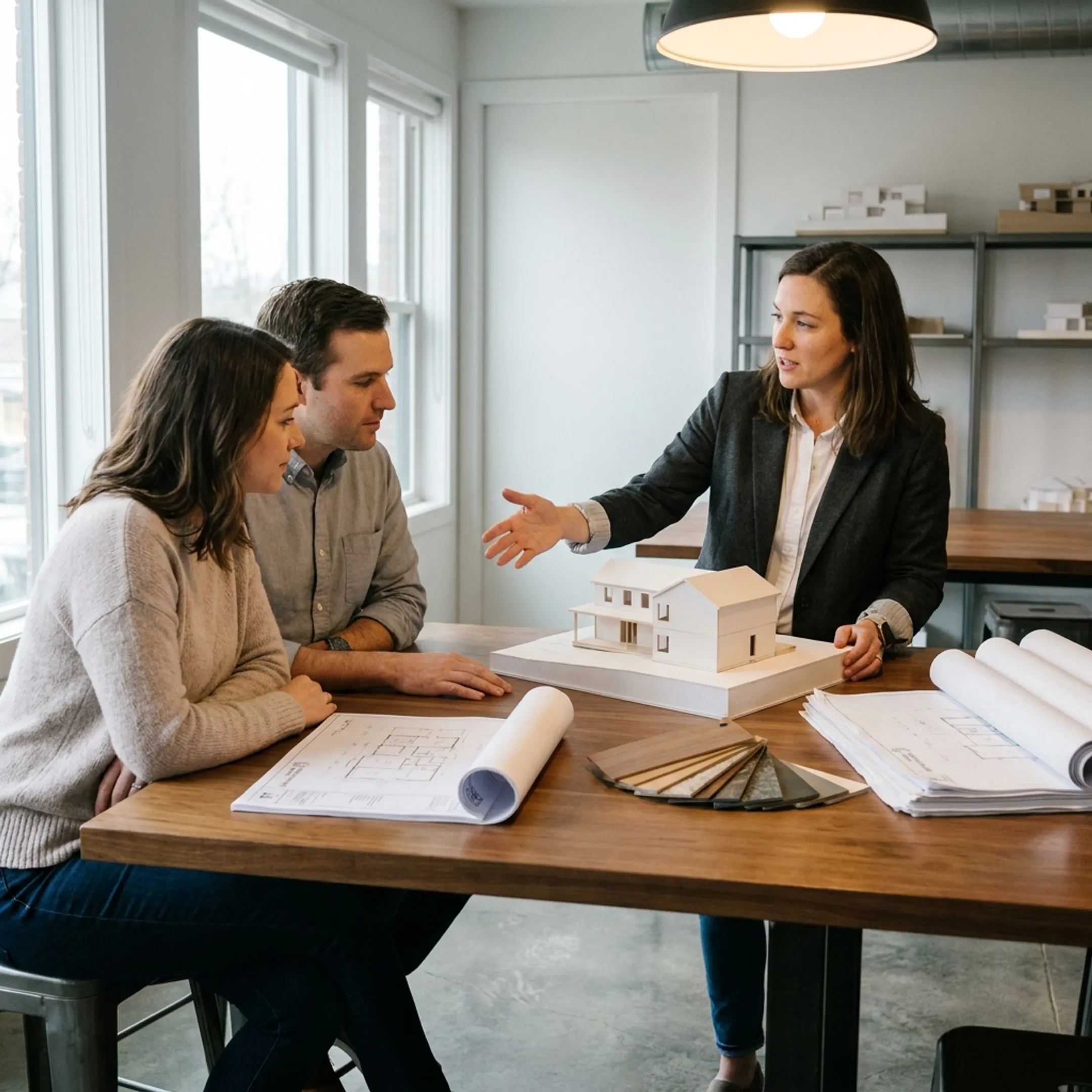 Architect presenting addition design concepts to homeowners