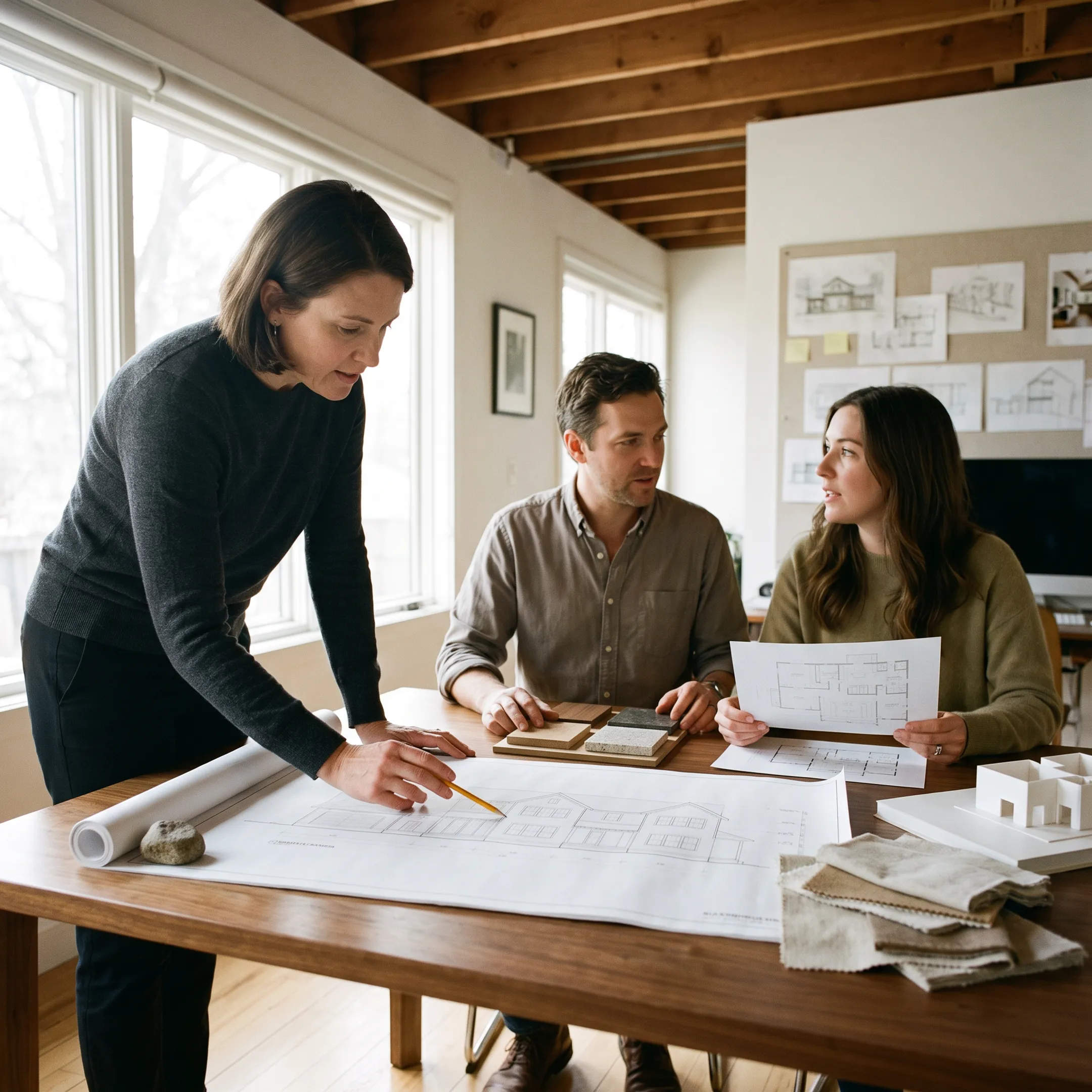 Architect reviewing house addition plans with homeowners