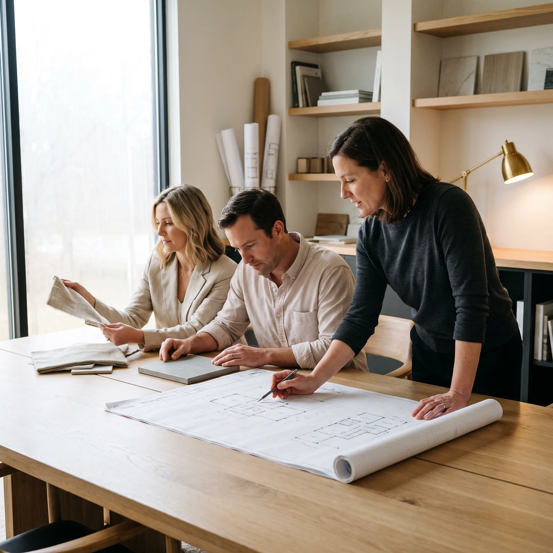Architect reviewing luxury remodel plans with homeowners