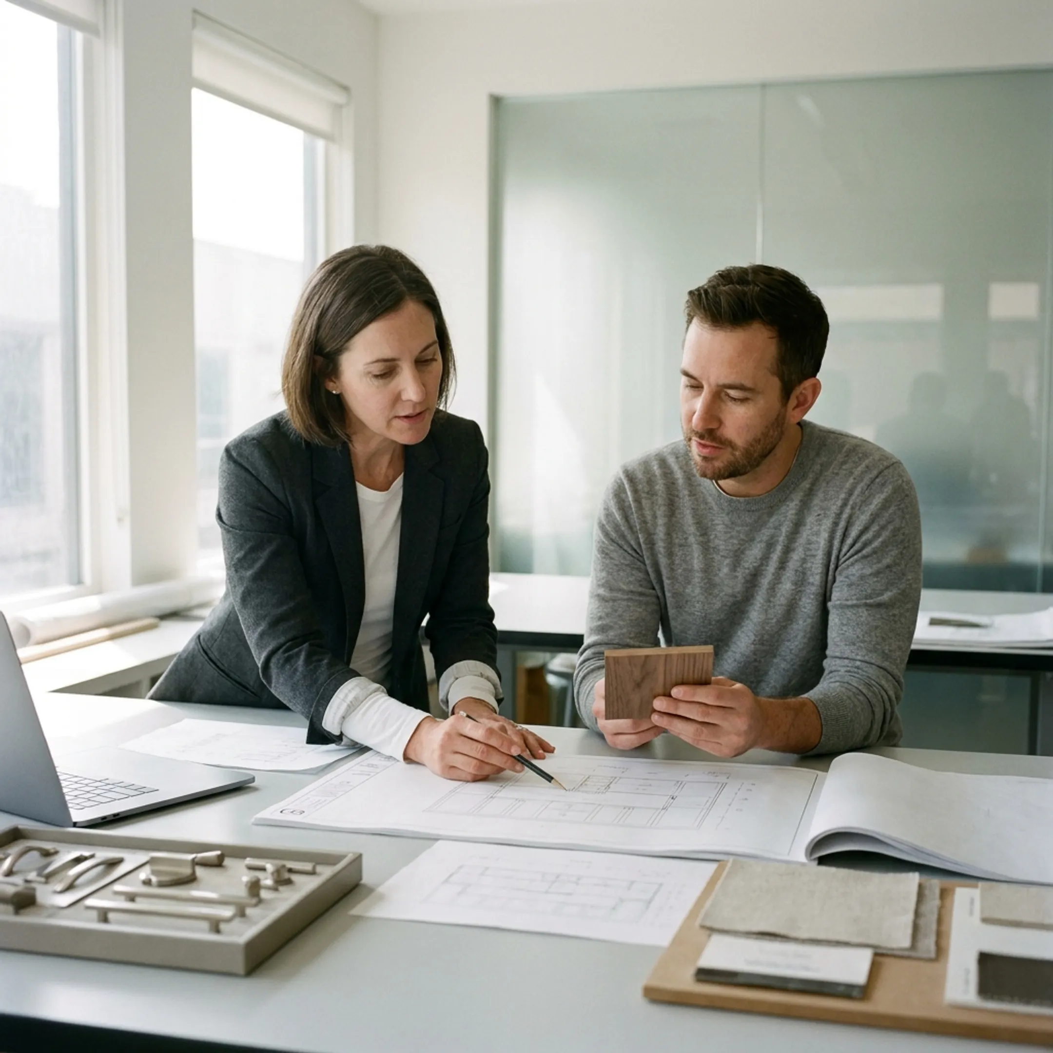 Architect reviewing custom kitchen design plans with homeowner