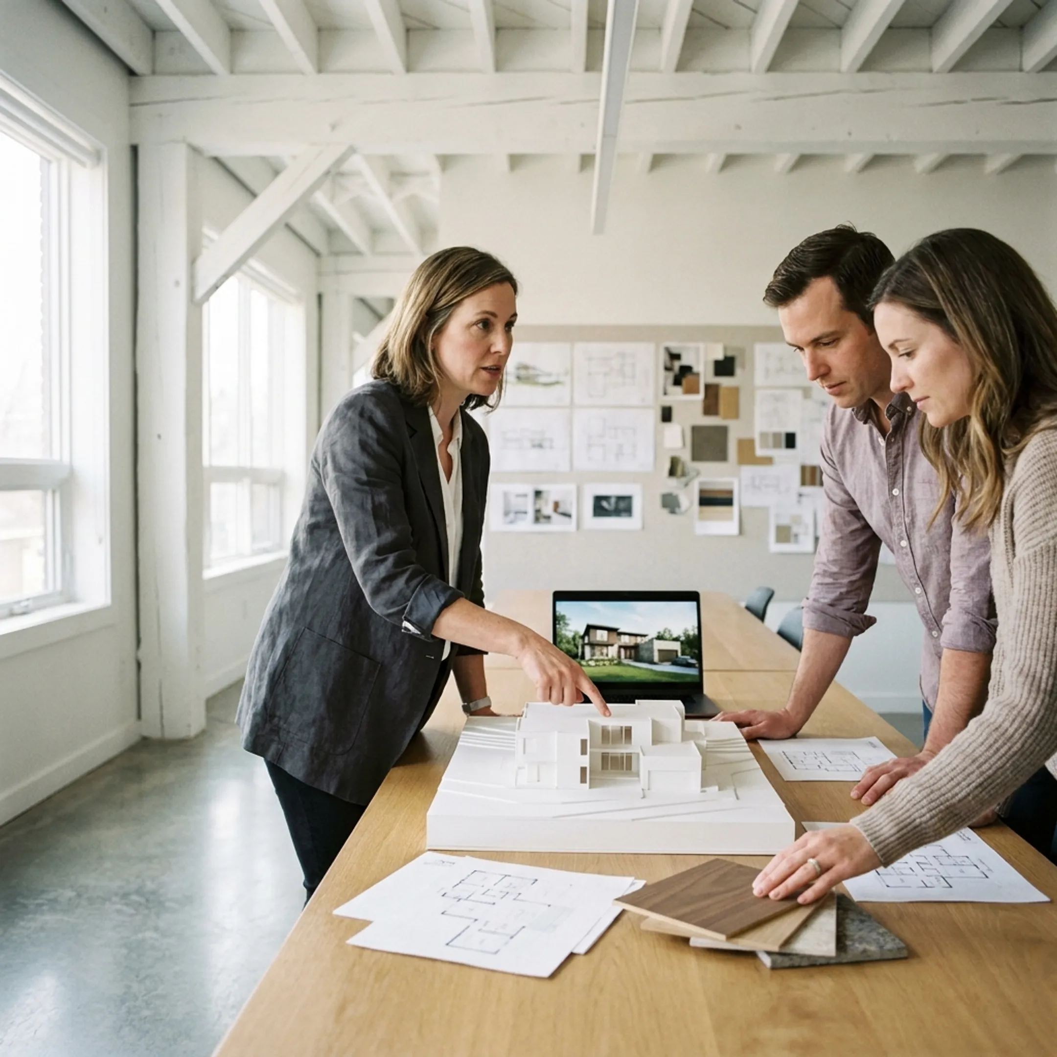 Architect reviewing custom residential plans beside material samples