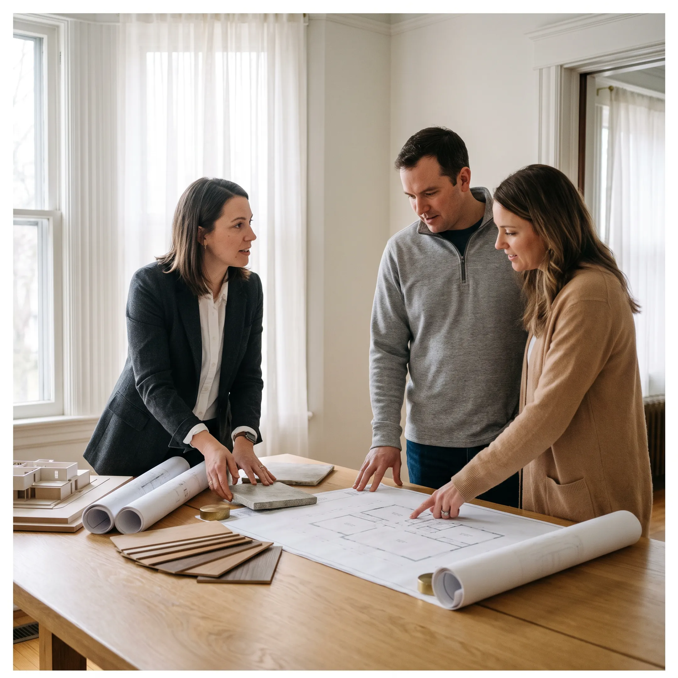 Architect reviewing home renovation plans with homeowners at a residential project