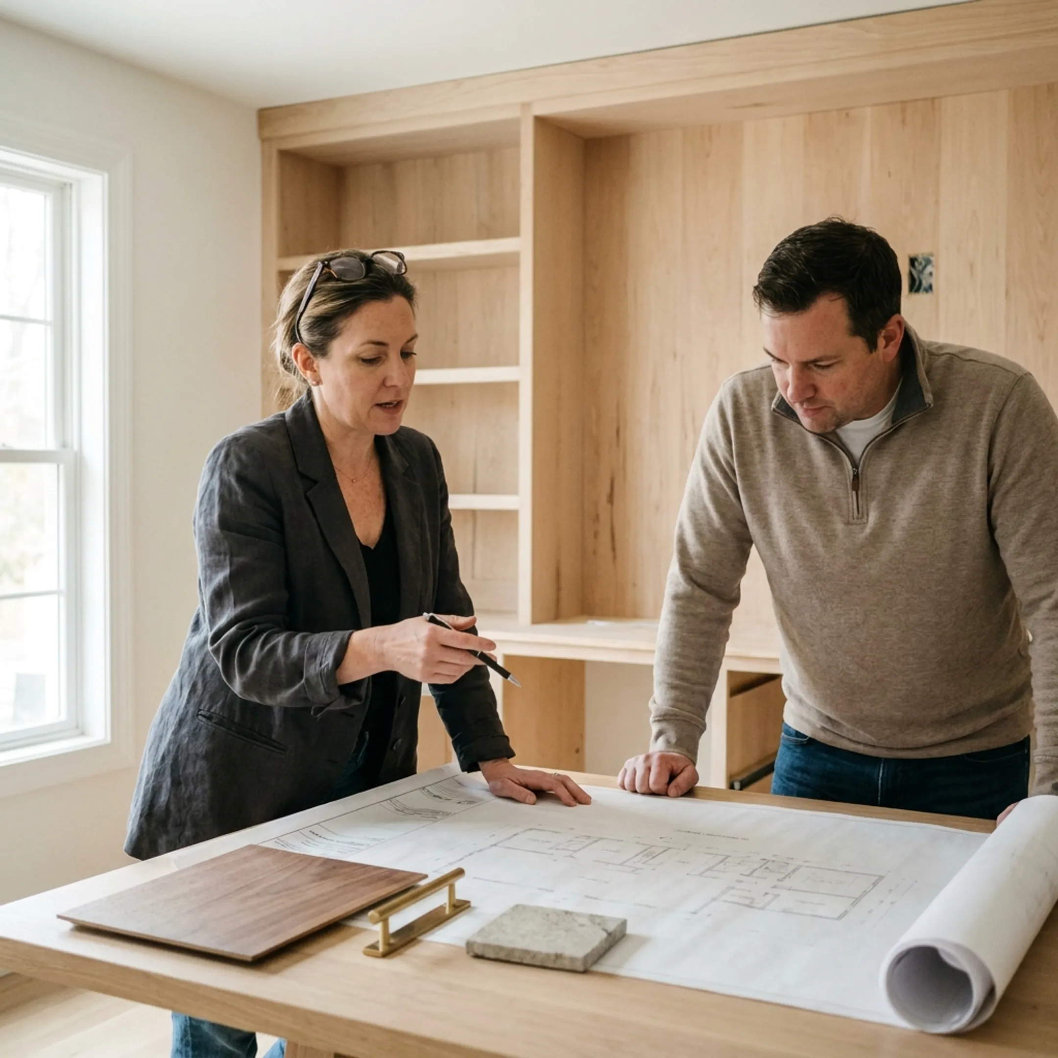 Designer reviewing custom cabinetry plans