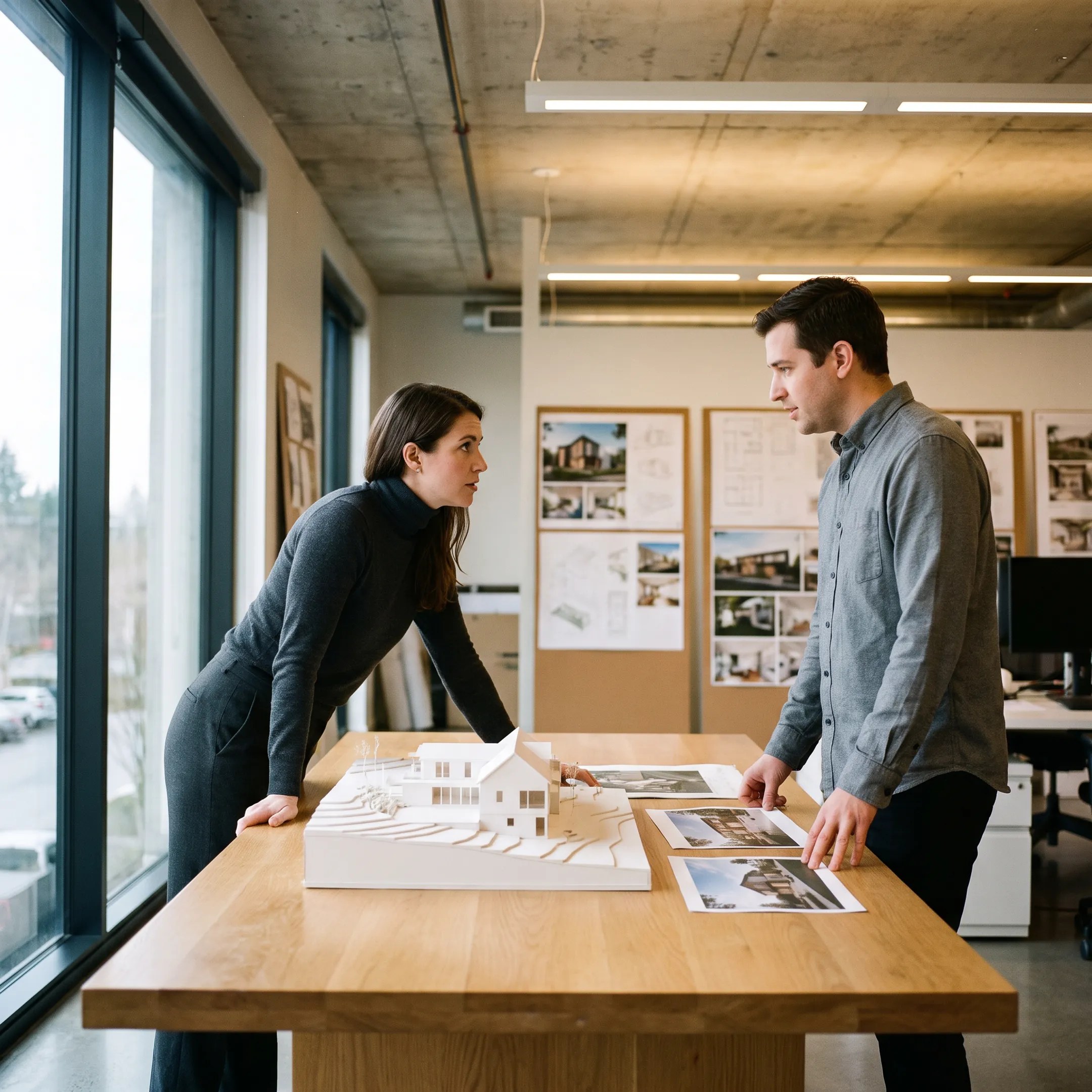 Architectural rendering displayed beside a residential design model