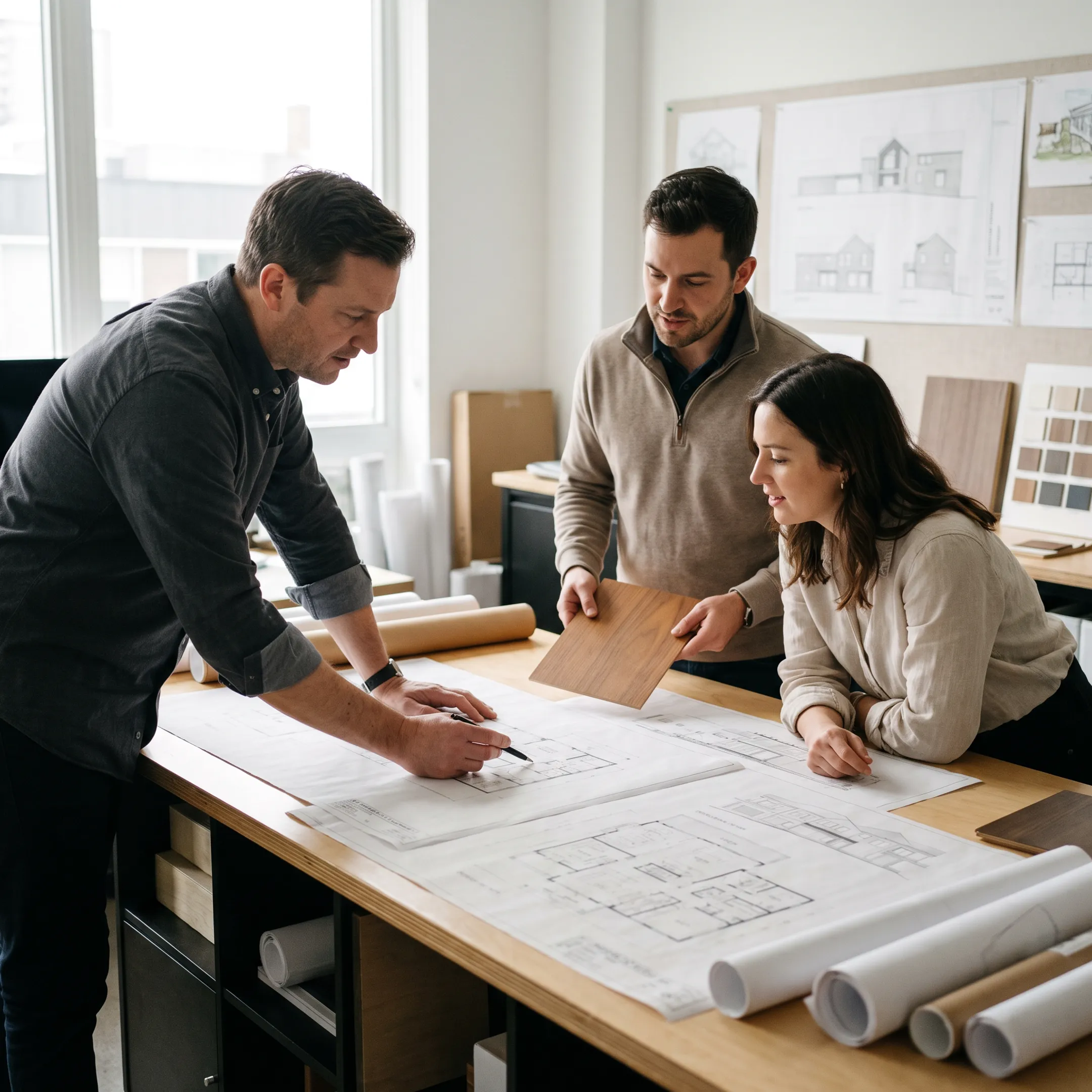 Architect reviewing renovation plans with homeowners