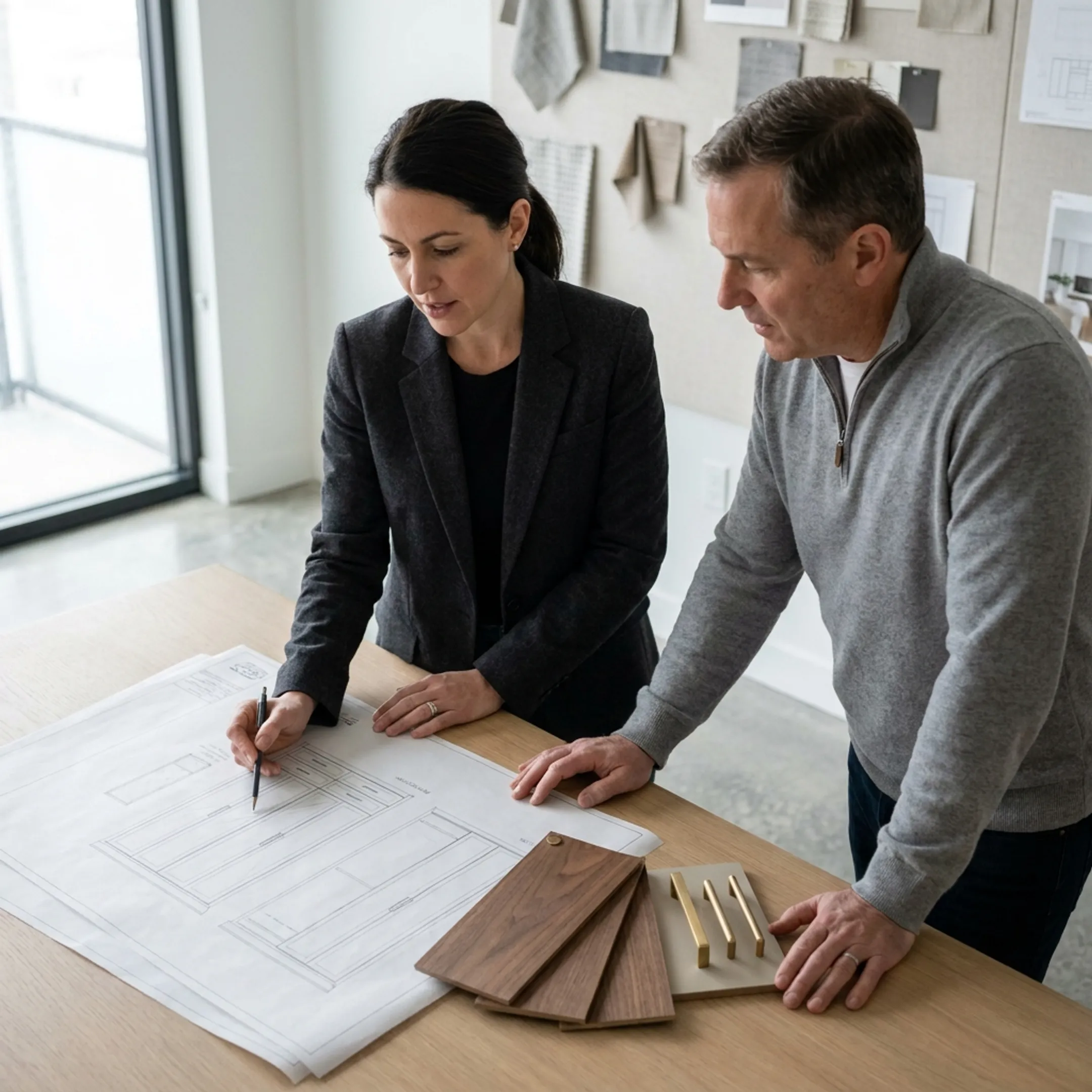 Designer reviewing a bespoke closet concept with a homeowner