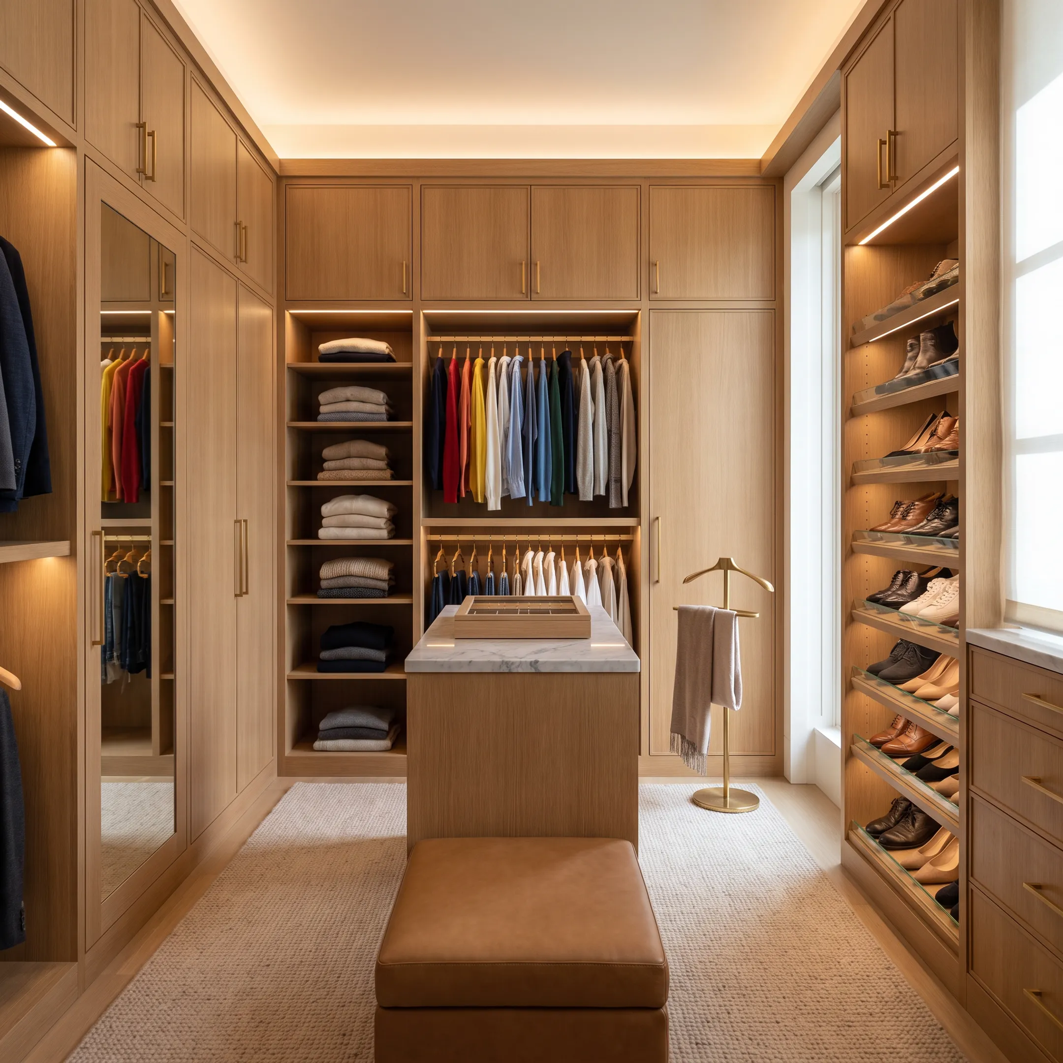 Elegant luxury walk-in closet with custom cabinetry and refined lighting