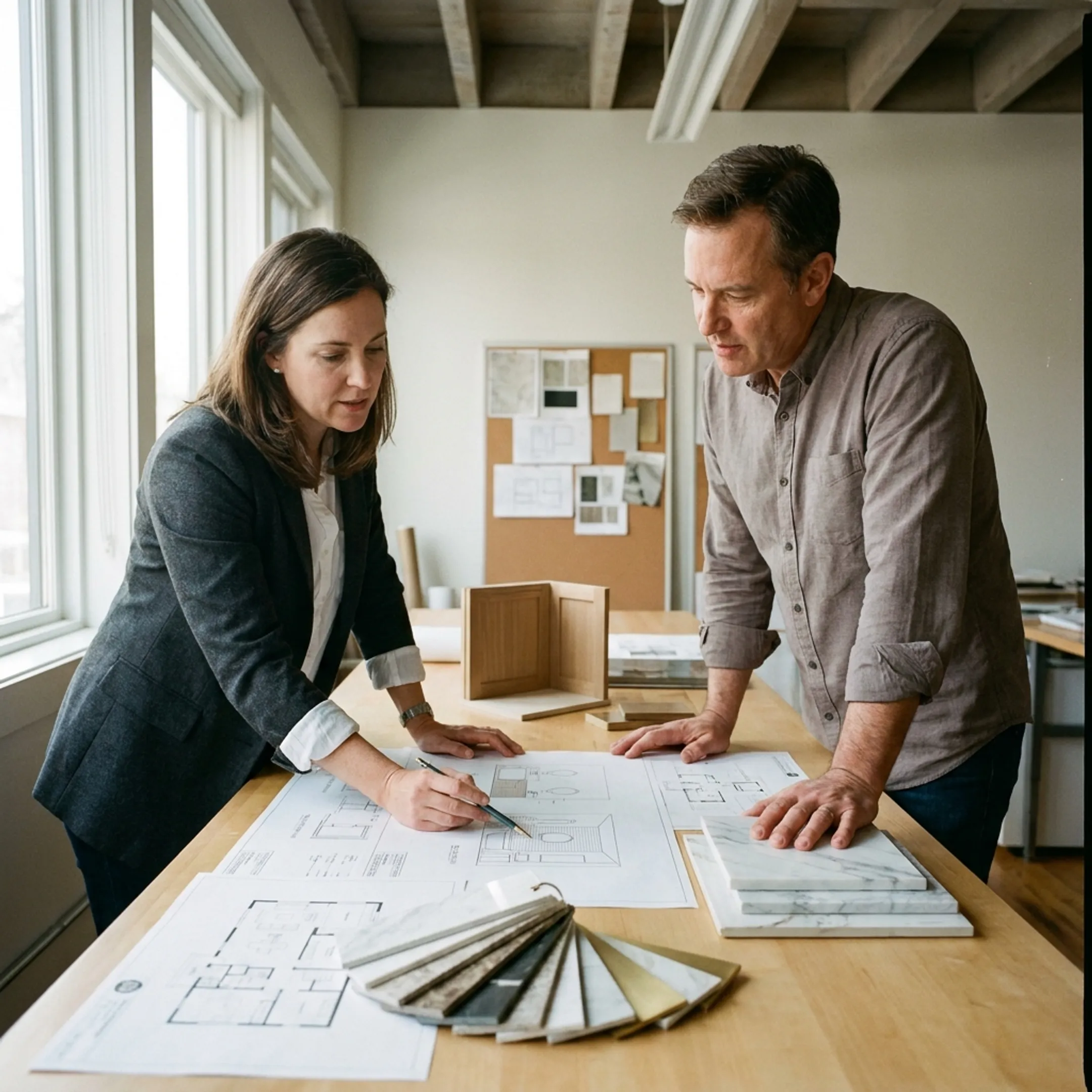 Architect reviewing a detailed bathroom remodel design