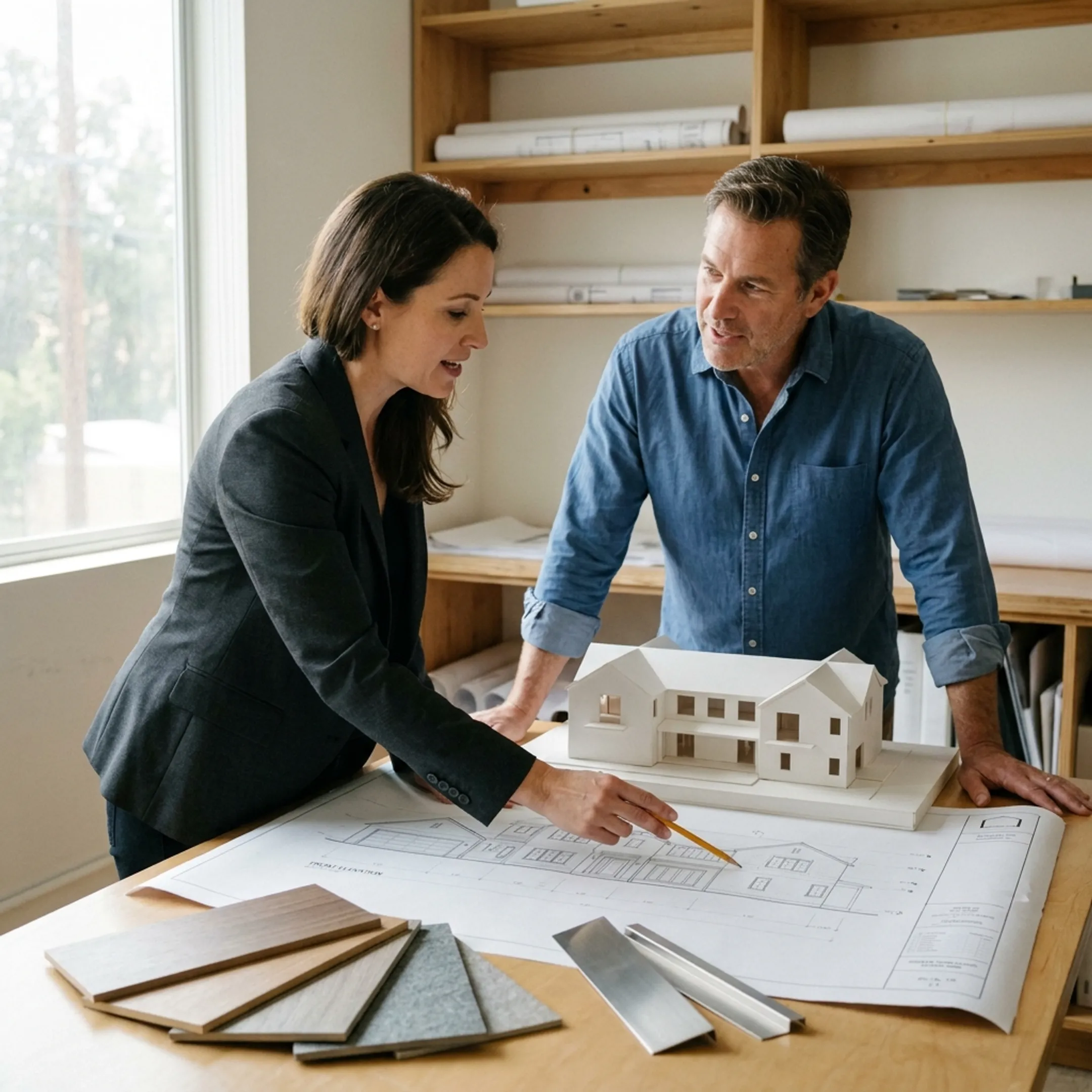 Architect reviewing house elevation drawings
