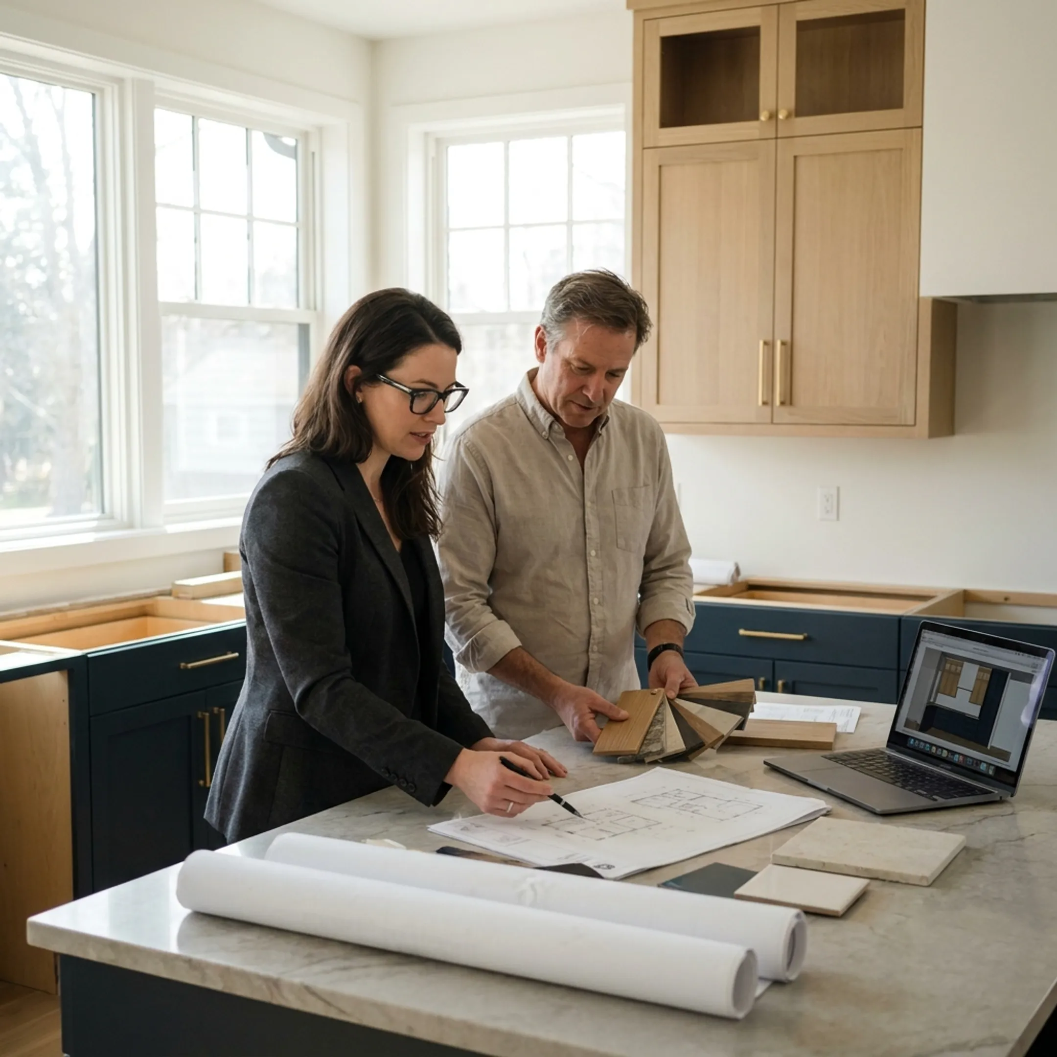 Designer reviewing a refined custom kitchen plan