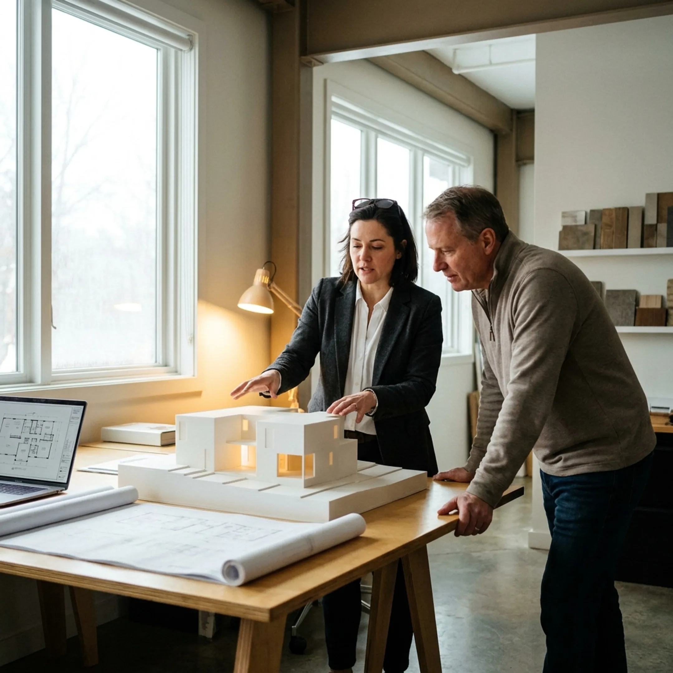 Architect reviewing custom home remodel plans with homeowner