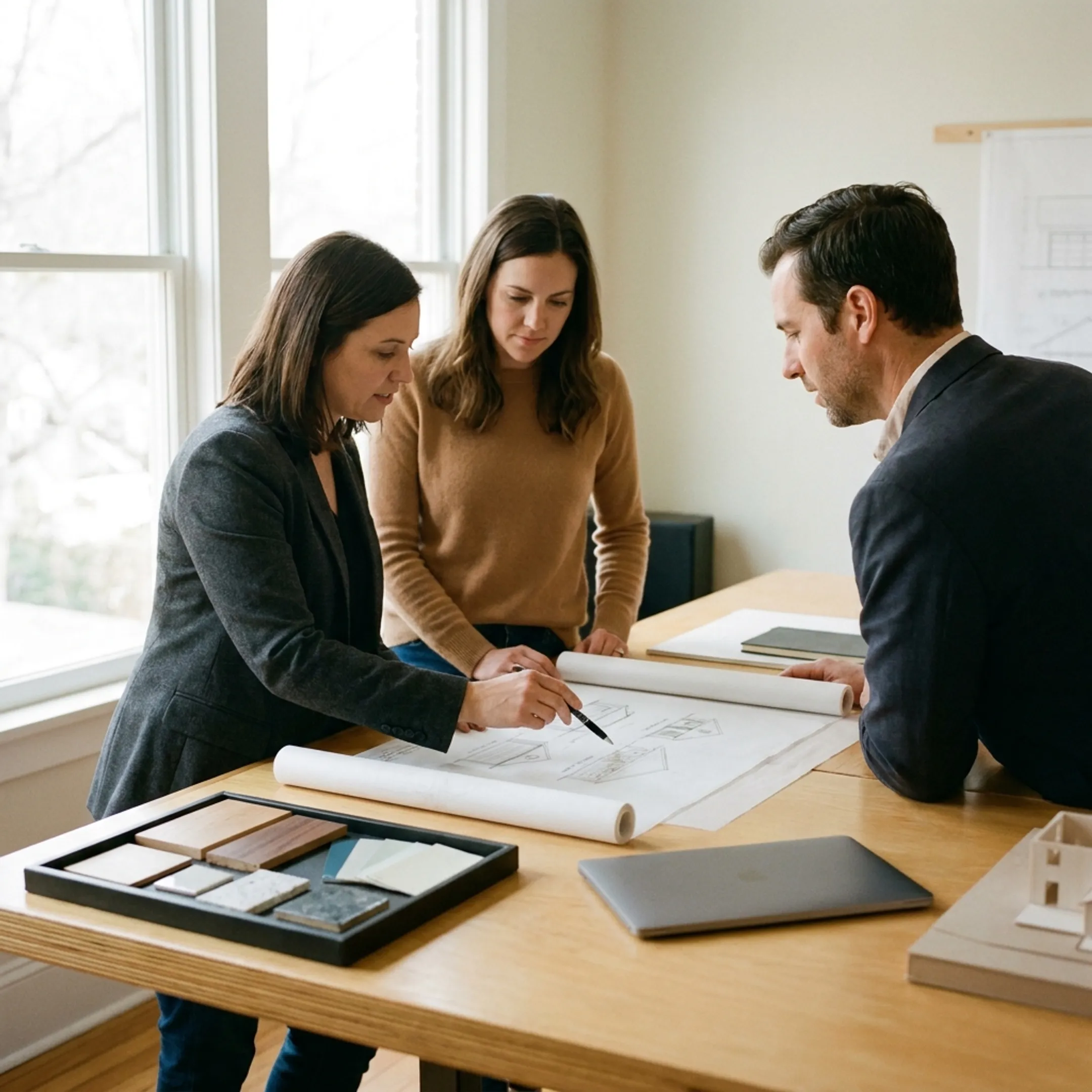 Architect reviewing a garage conversion design with homeowners
