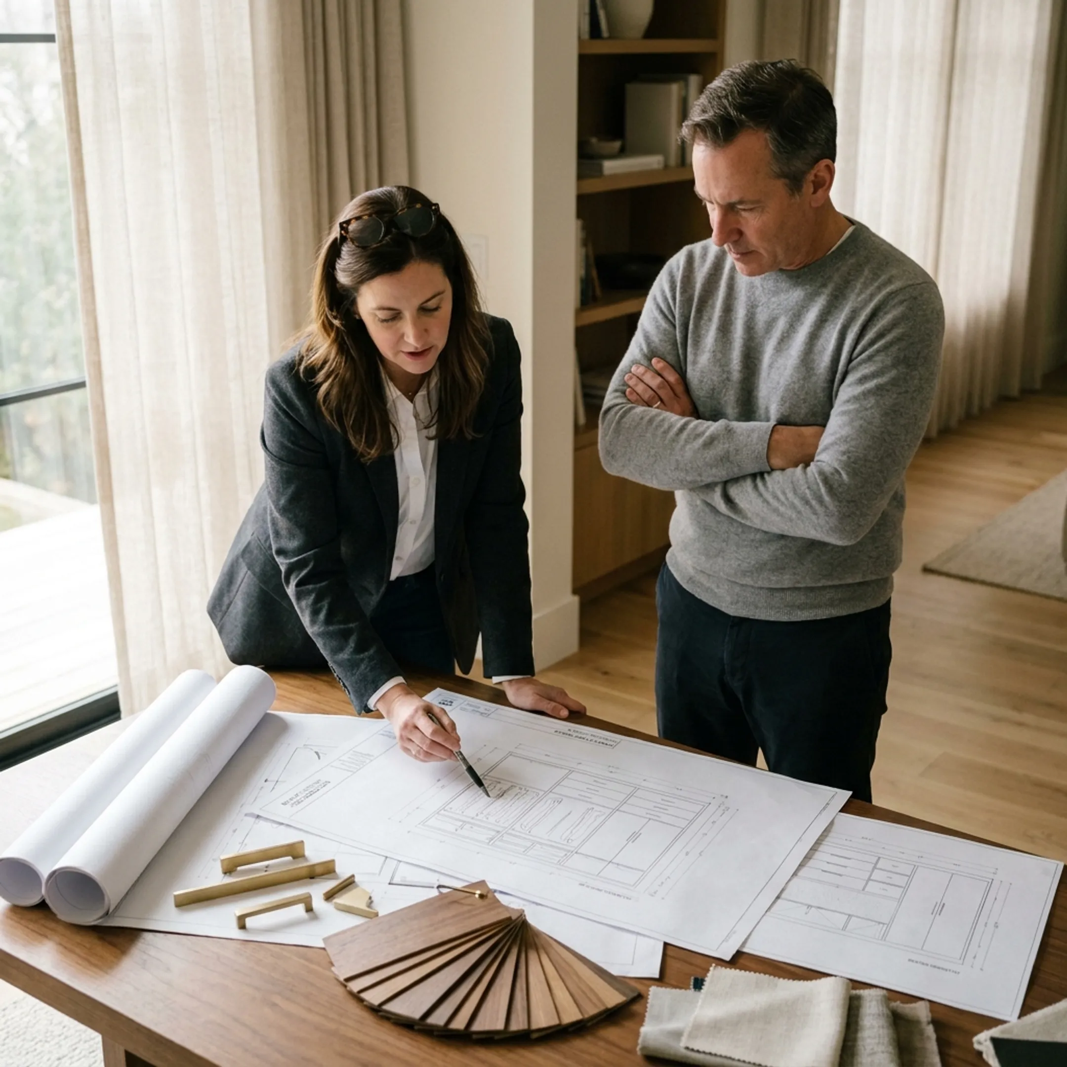Designer reviewing custom closet cabinetry plans