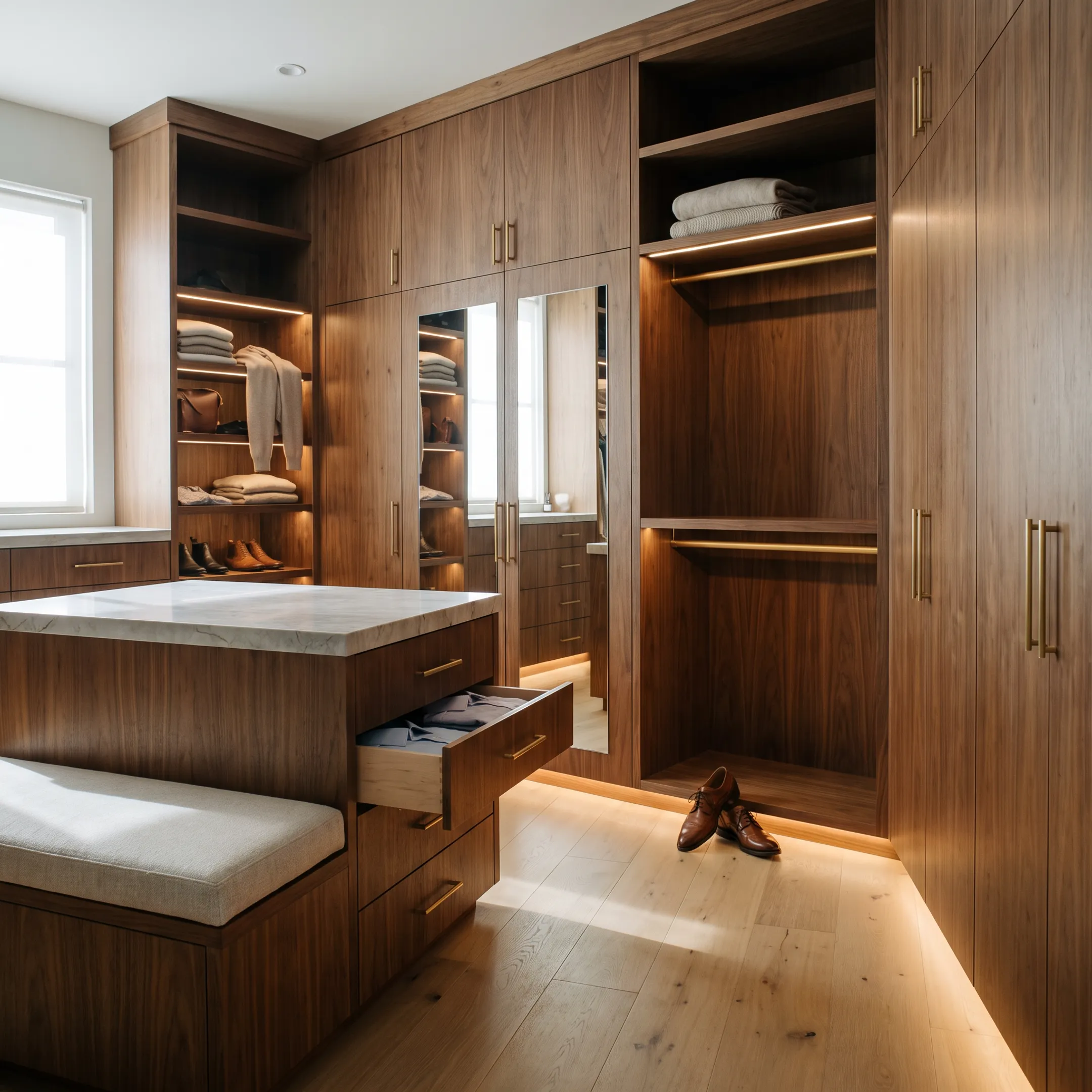 Custom closet with elegant built-in cabinetry and organized storage
