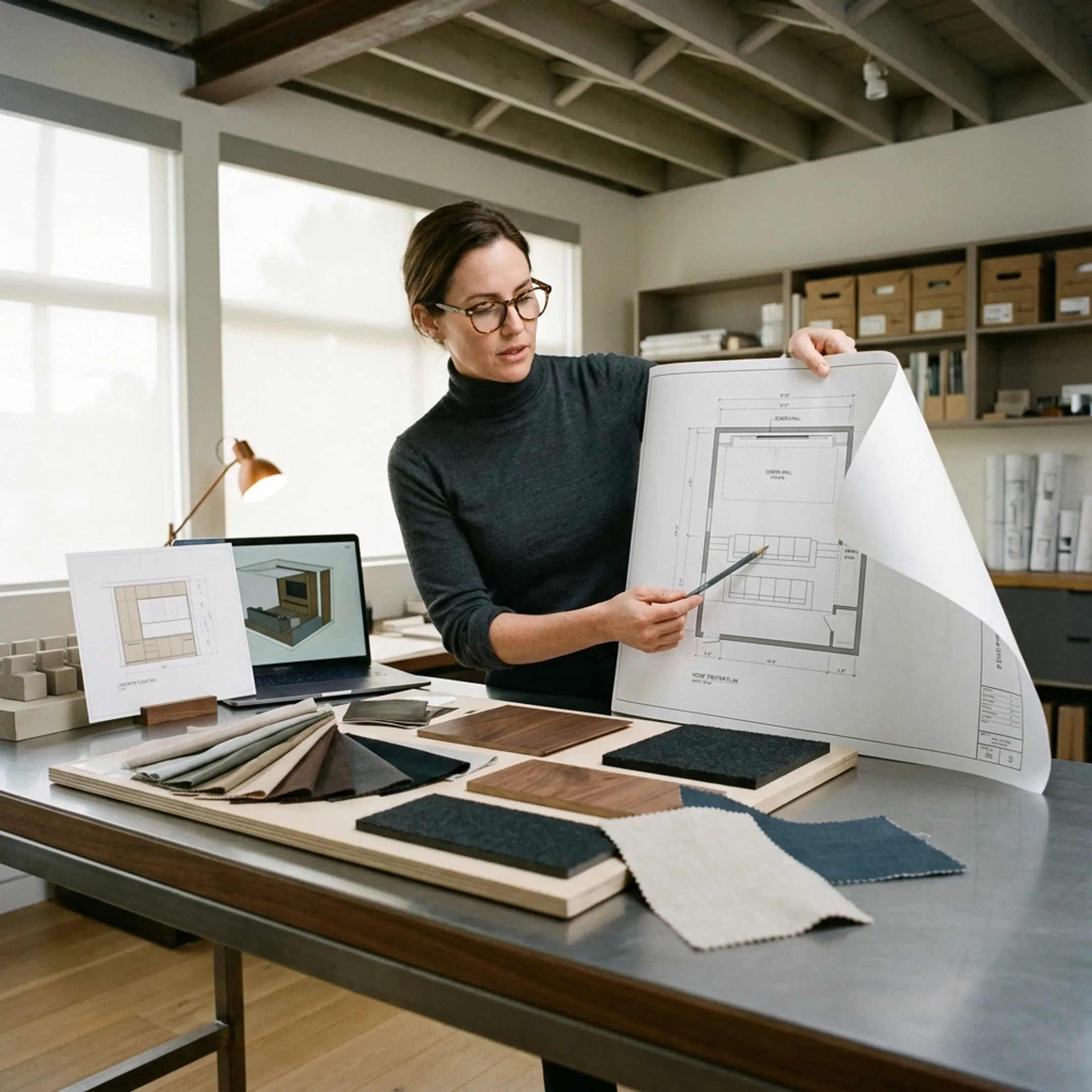 Architect reviewing a refined residential home theater concept