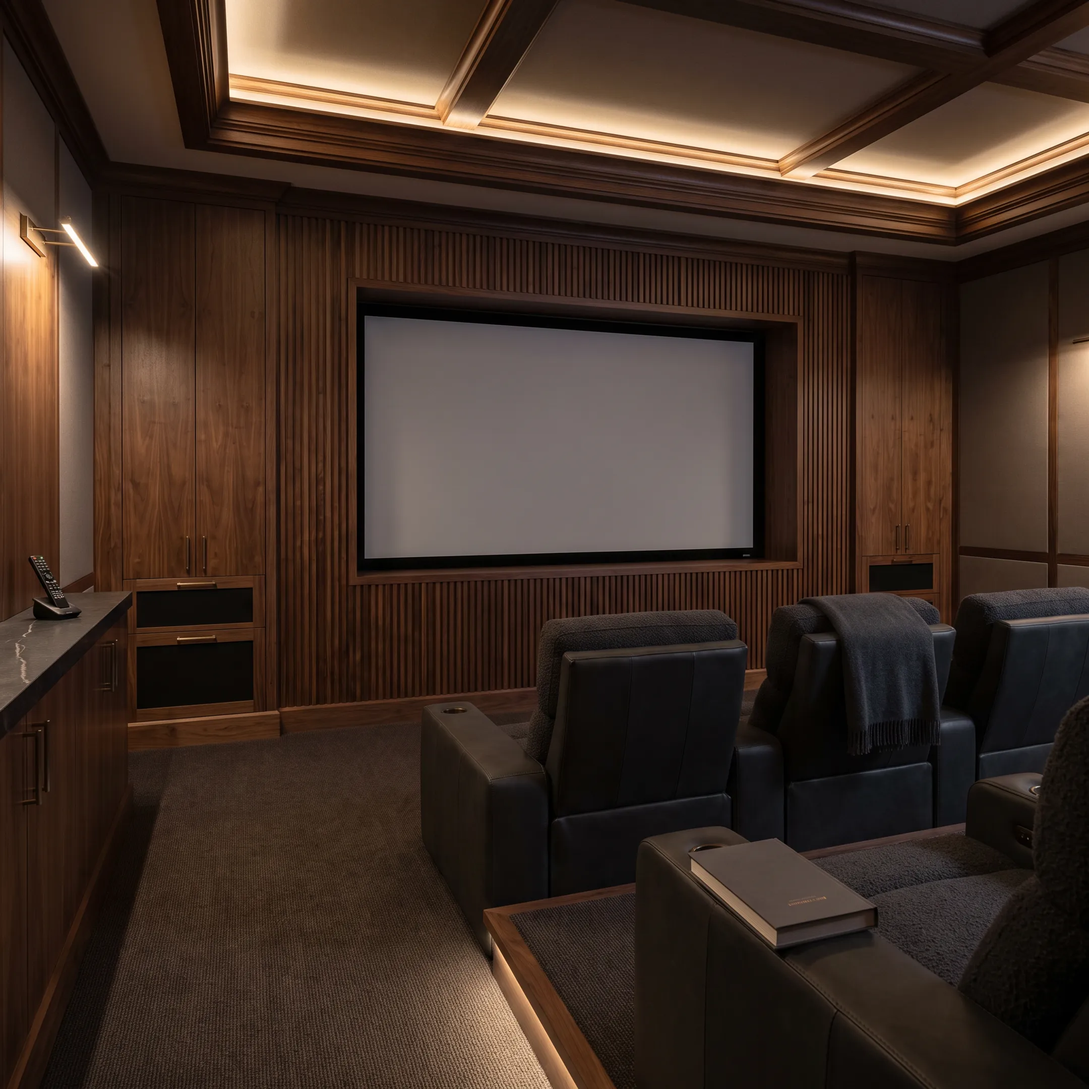 Elegant residential home theater with integrated cabinetry and comfortable seating