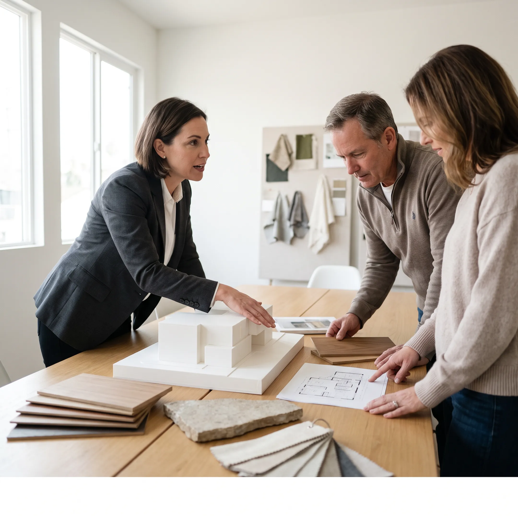 Architect reviewing a residential renovation plan with homeowners