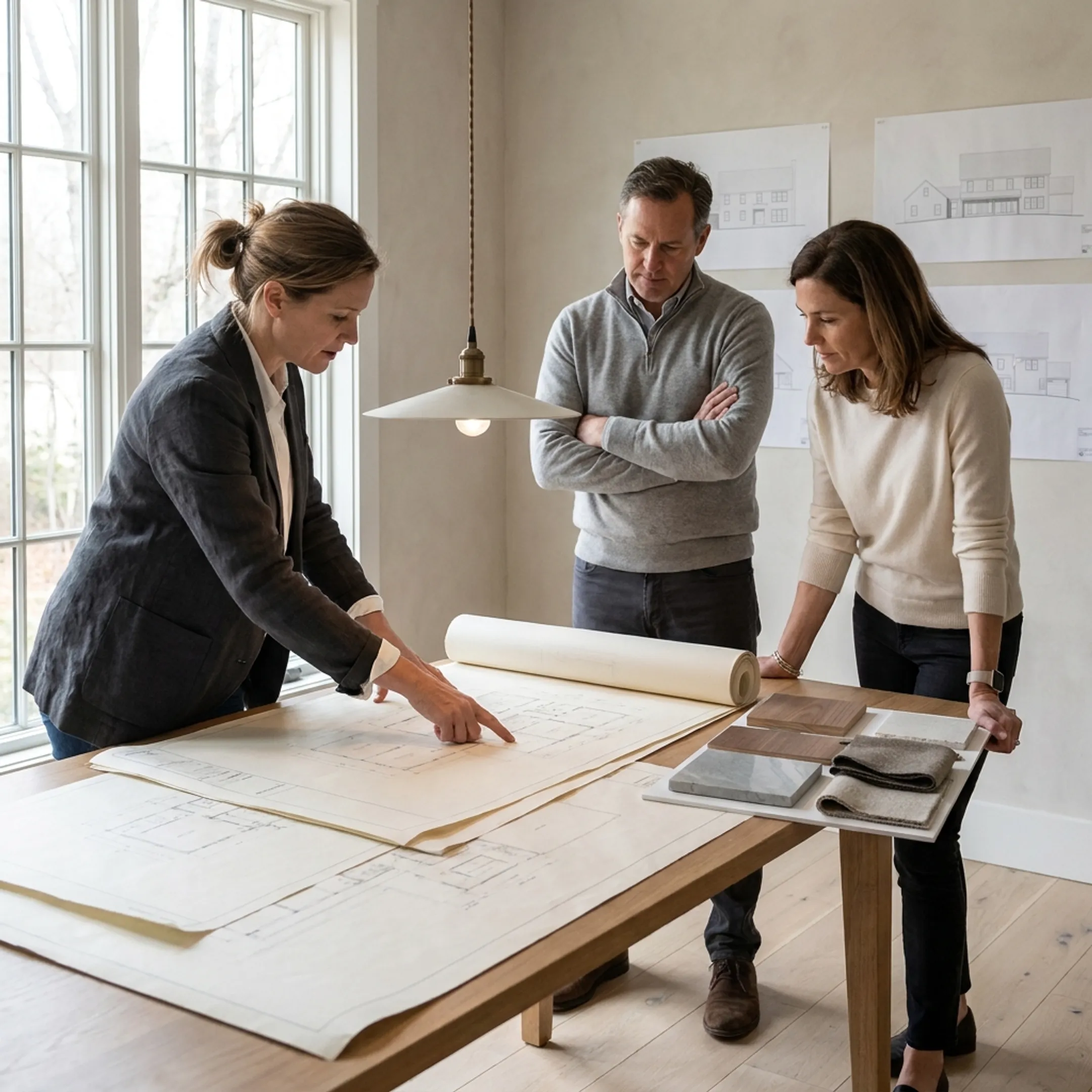 Architect reviewing a whole-home remodeling plan with homeowners in a refined residential interior