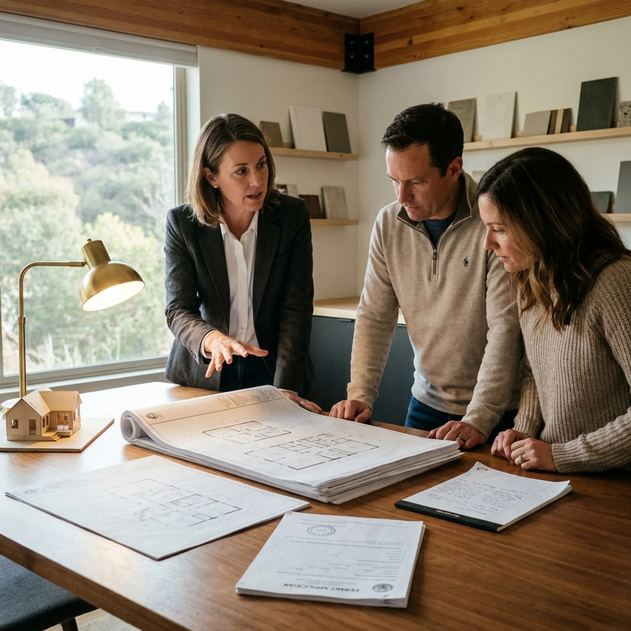 Architect presenting fire rebuild design concepts to homeowners