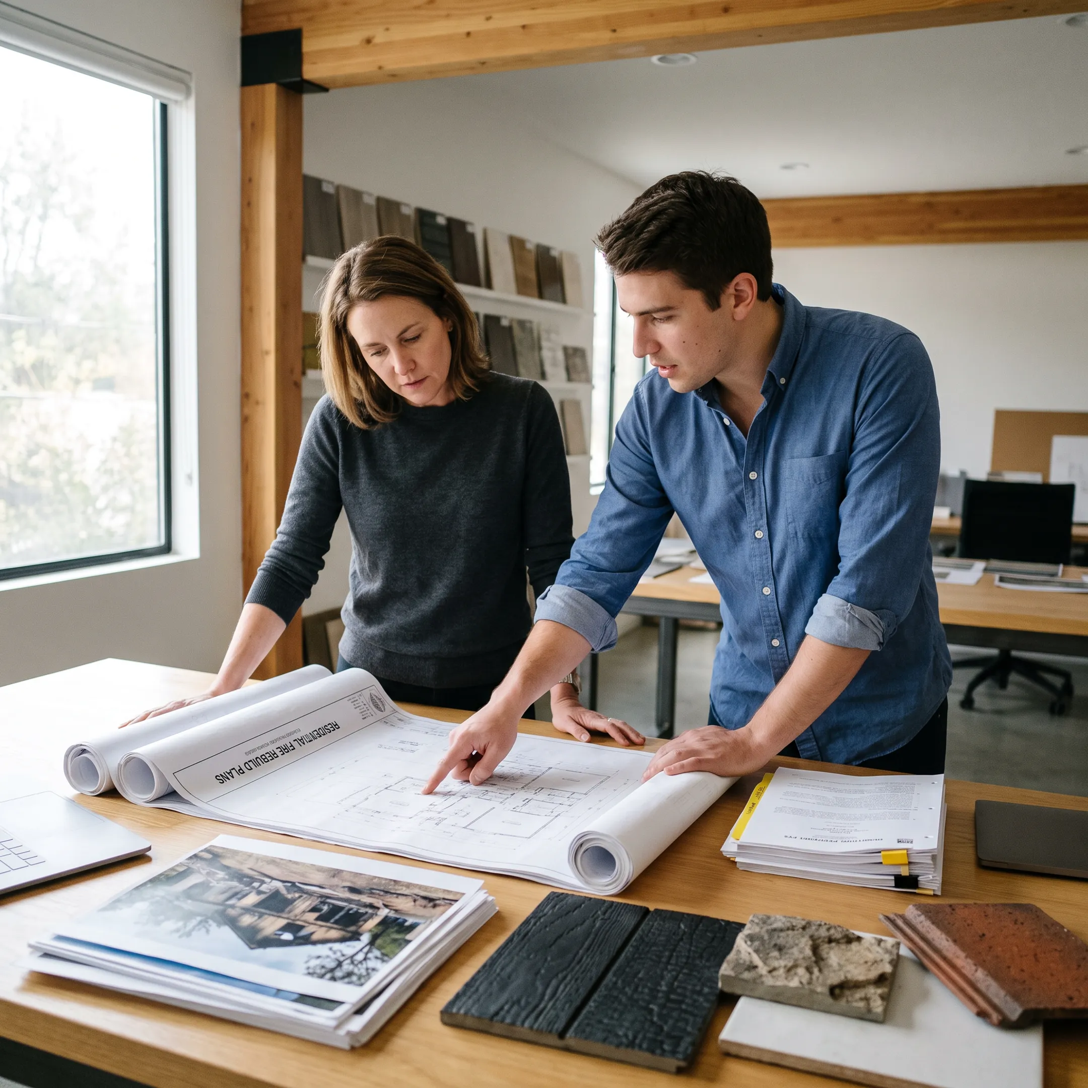 Architect reviewing residential fire rebuild plans at a design studio