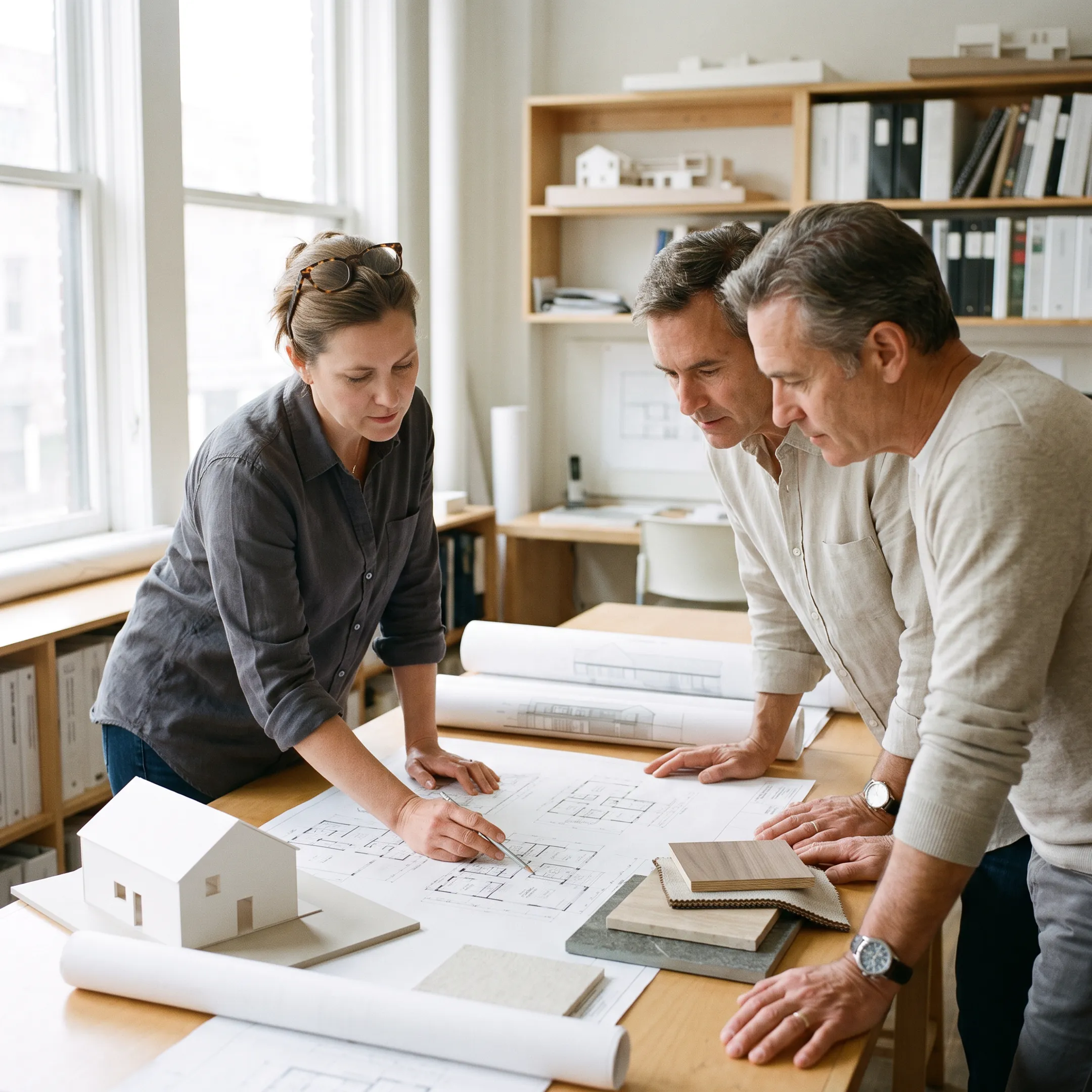 Architect reviewing custom home plans with homeowners
