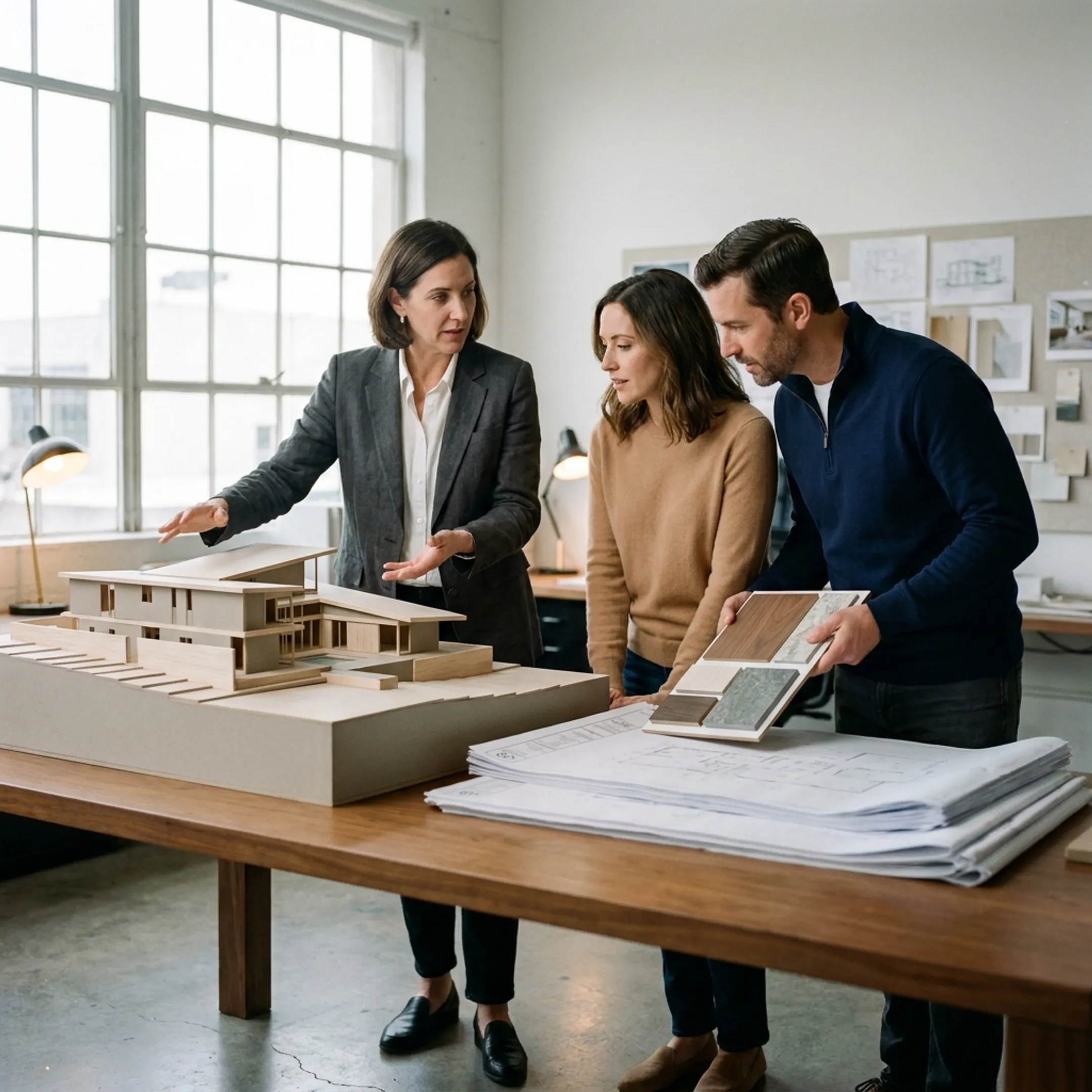 Architect presenting a refined residential design concept to homeowners