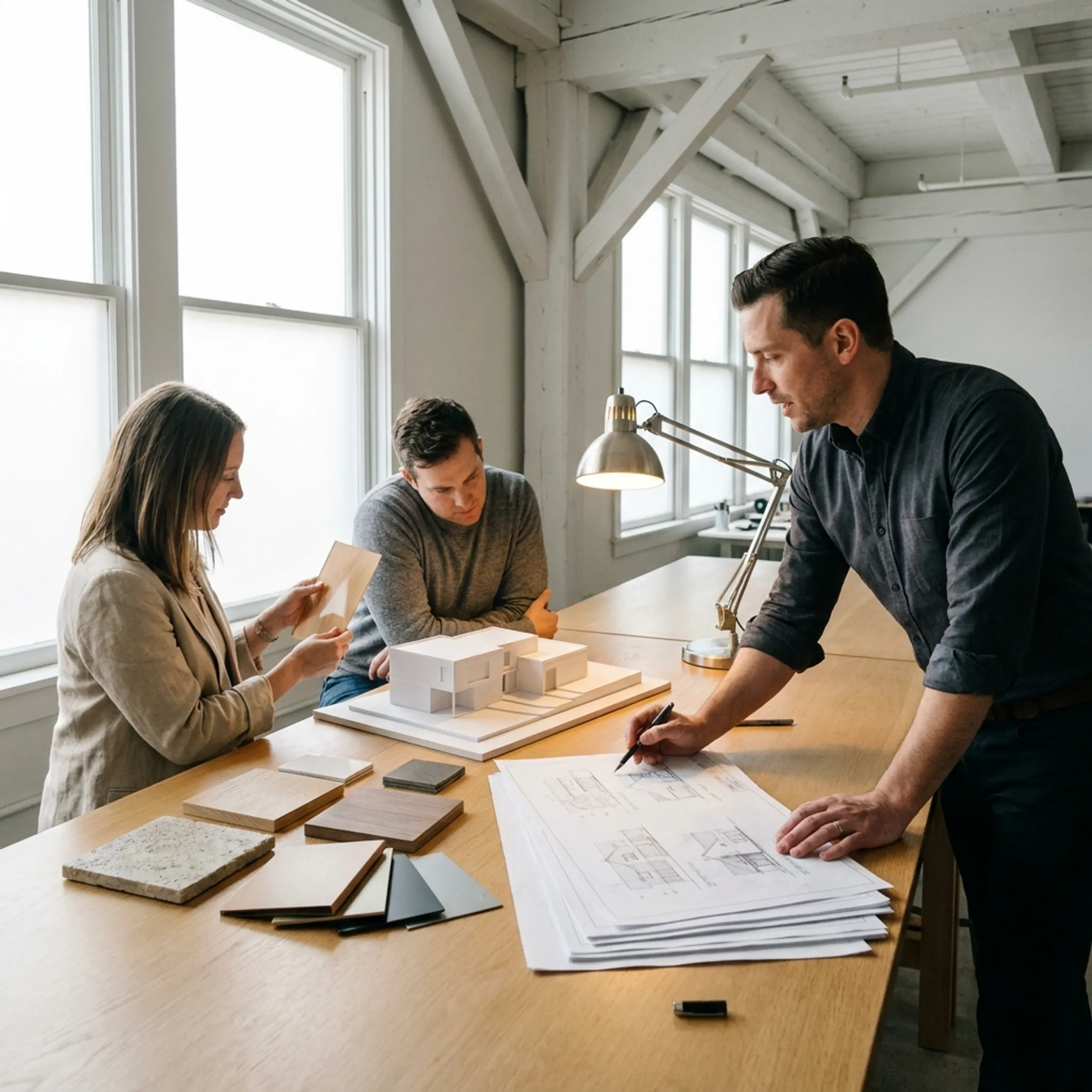 Architect reviewing home addition plans with homeowners