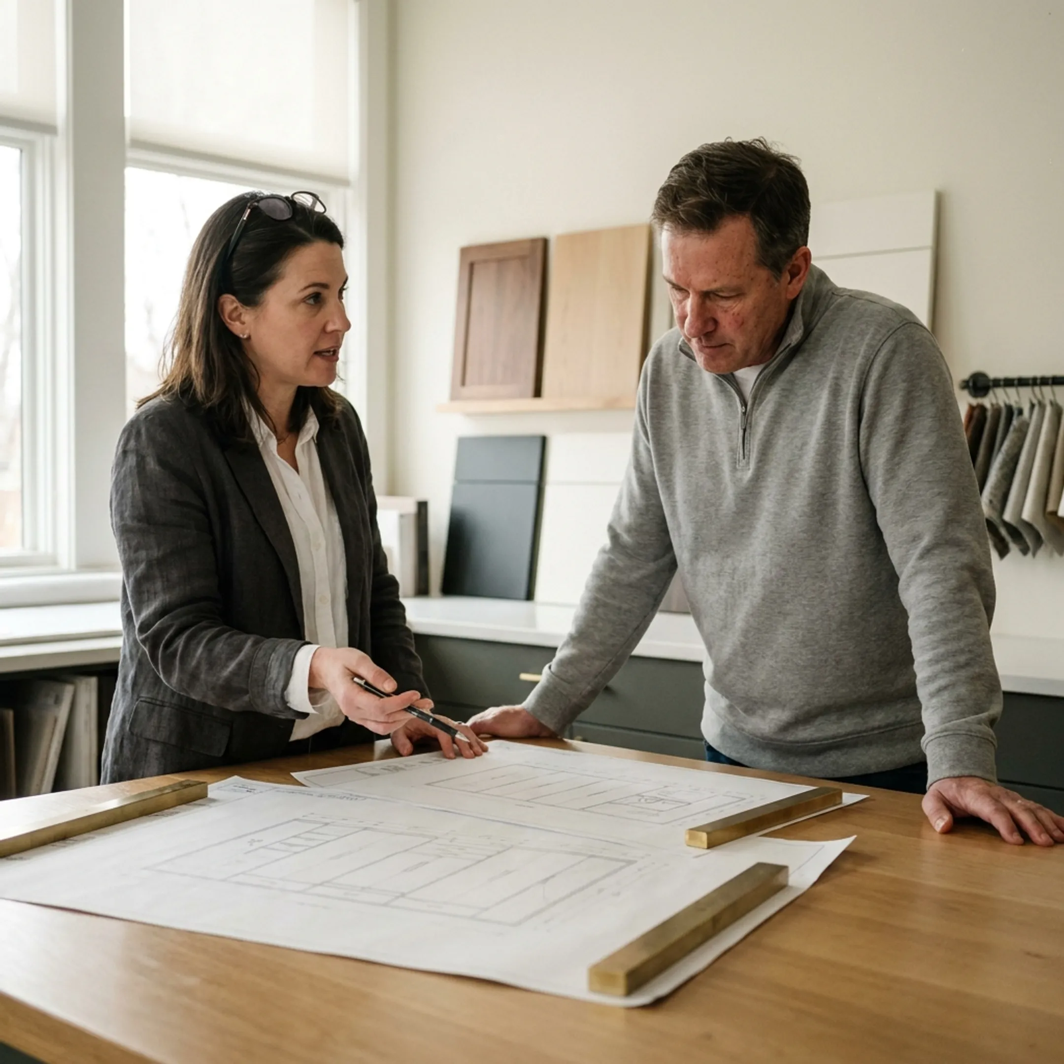 Architect reviewing a custom closet design with a residential client