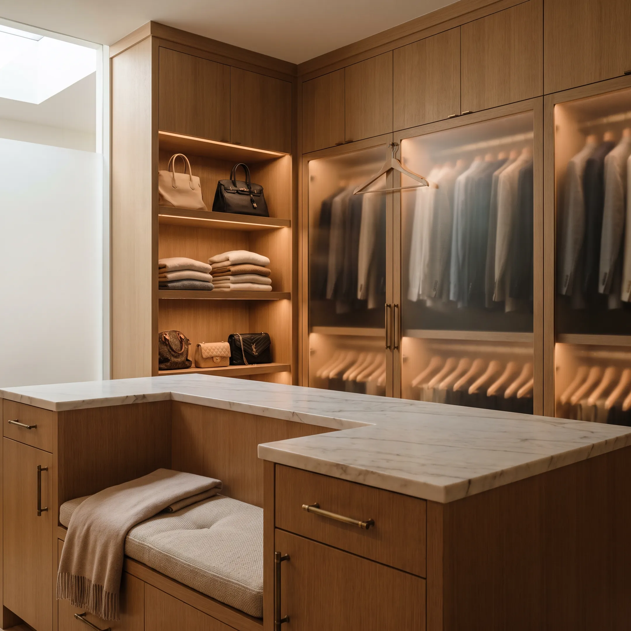 Elegant custom closet with built-in cabinetry and organized residential storage