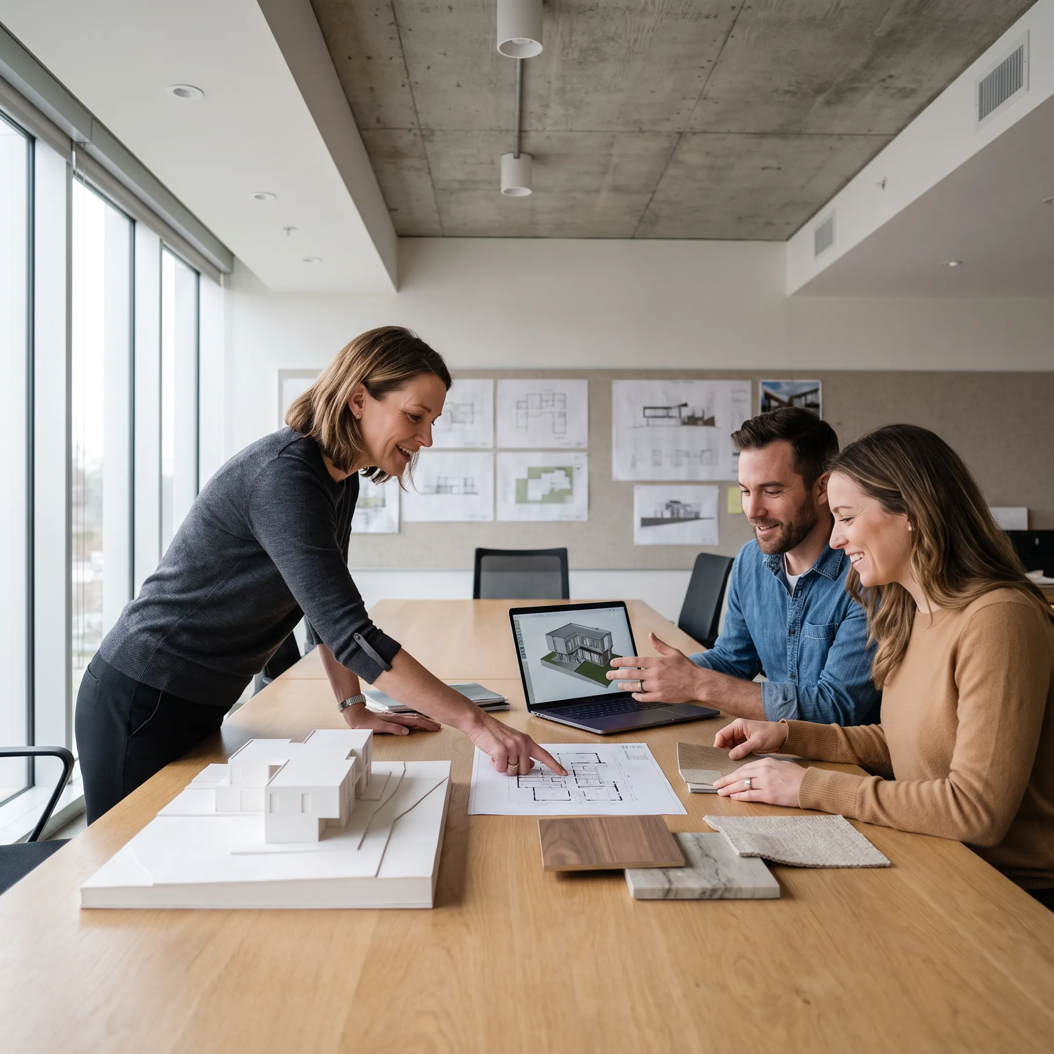 Architect reviewing custom home plans with homeowners