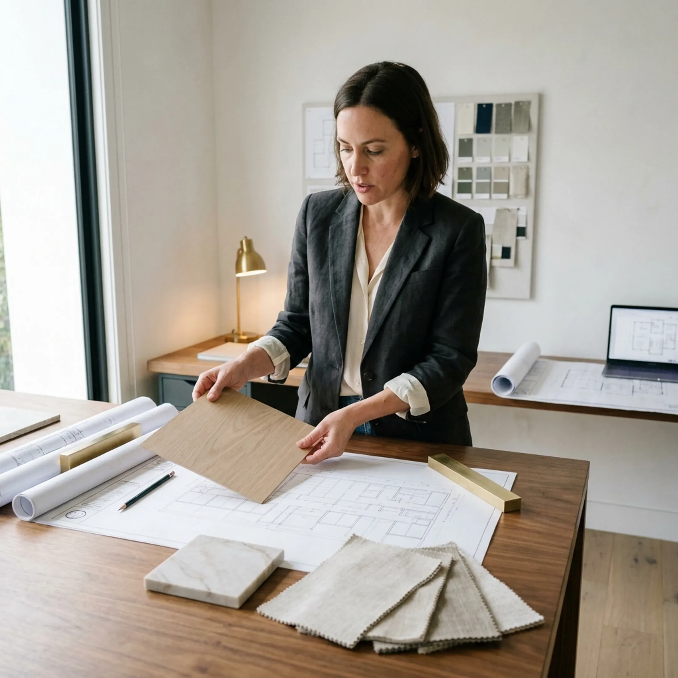 Designer comparing interior finish samples beside custom cabinetry plans