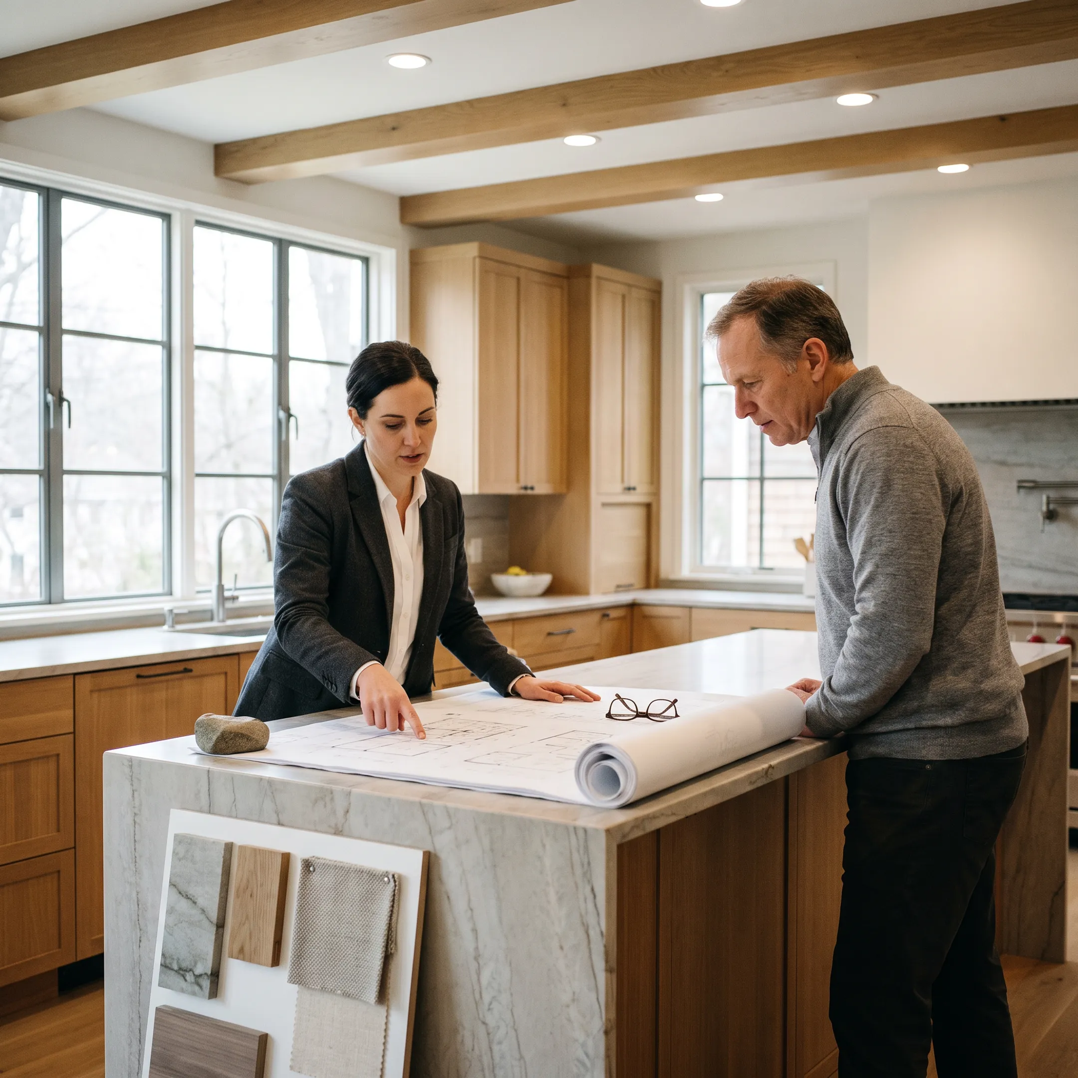 Architect reviewing an elegant residential interior remodel with custom cabinetry and detailed finishes