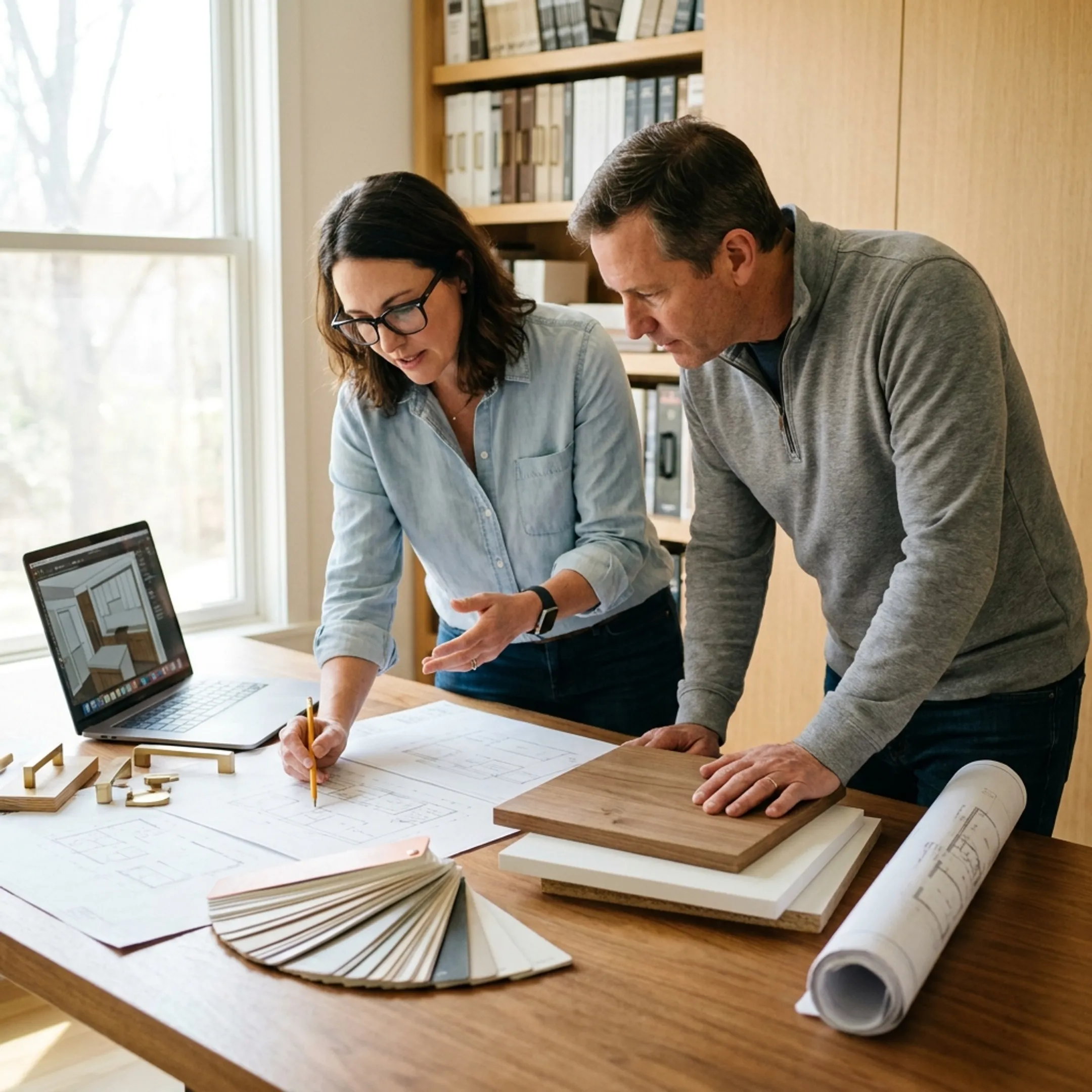 Designer reviewing kitchen and bath remodeling plans with homeowner