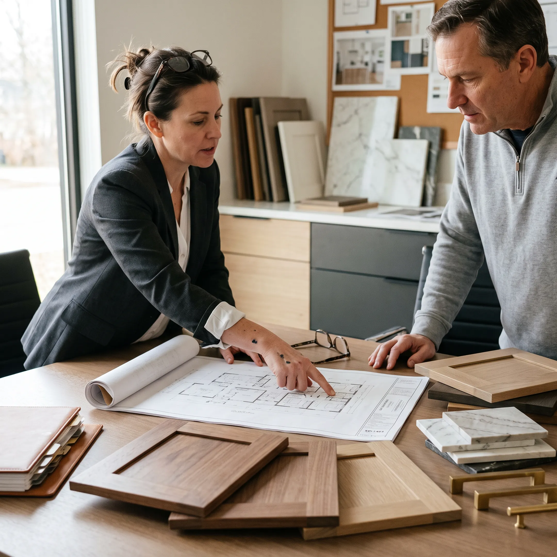 Designer reviewing kitchen and bathroom remodeling plans with a homeowner