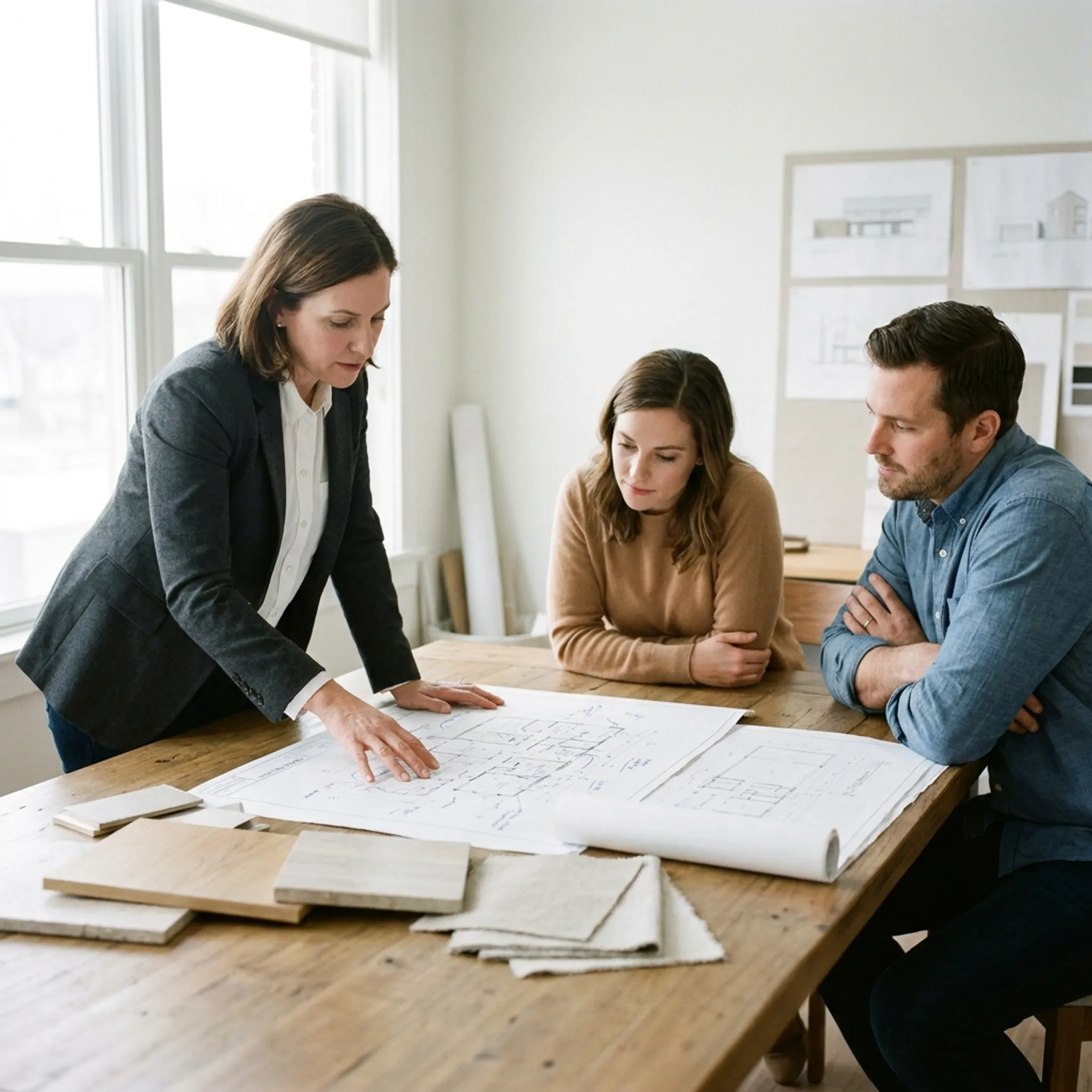 Architect reviewing whole house remodeling plans with homeowners