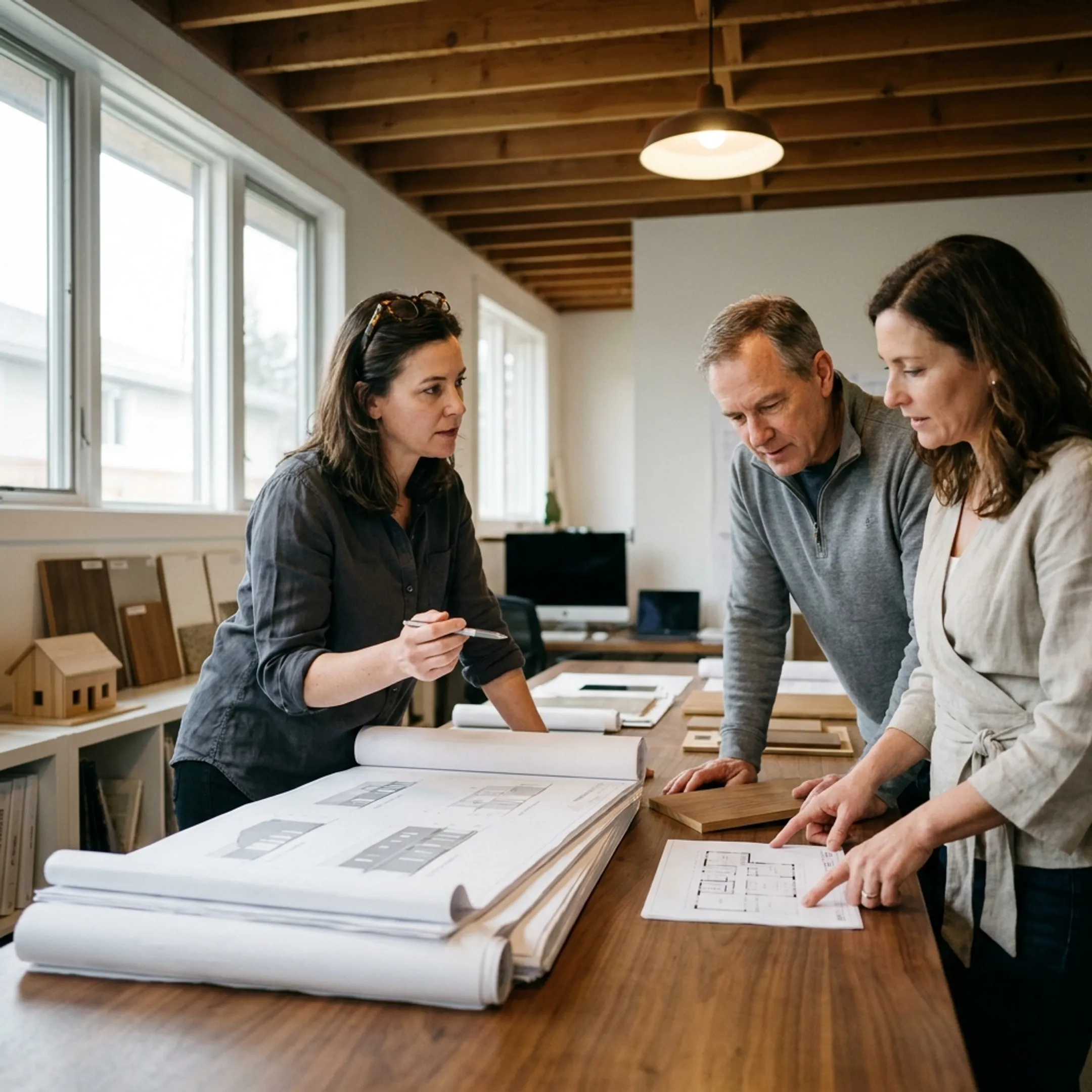 Architect reviewing residential remodeling plans with homeowners