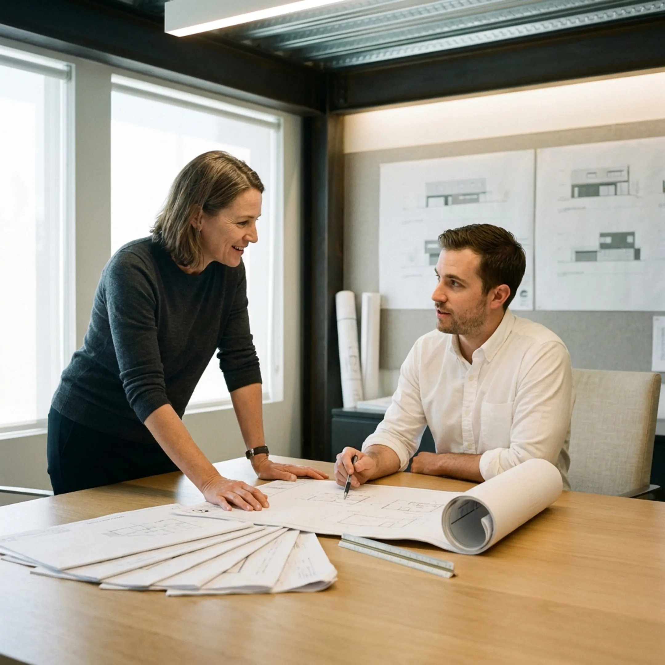 Architect coordinating residential permit plans and project documents