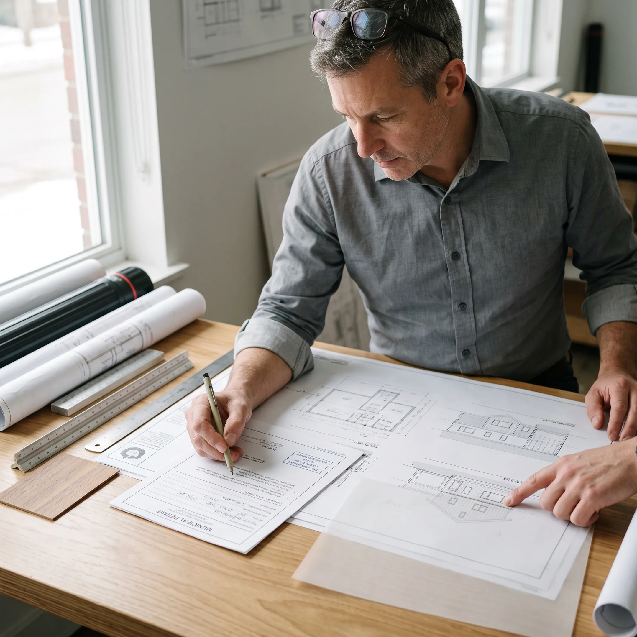 Architect reviewing residential building permit plans at a desk